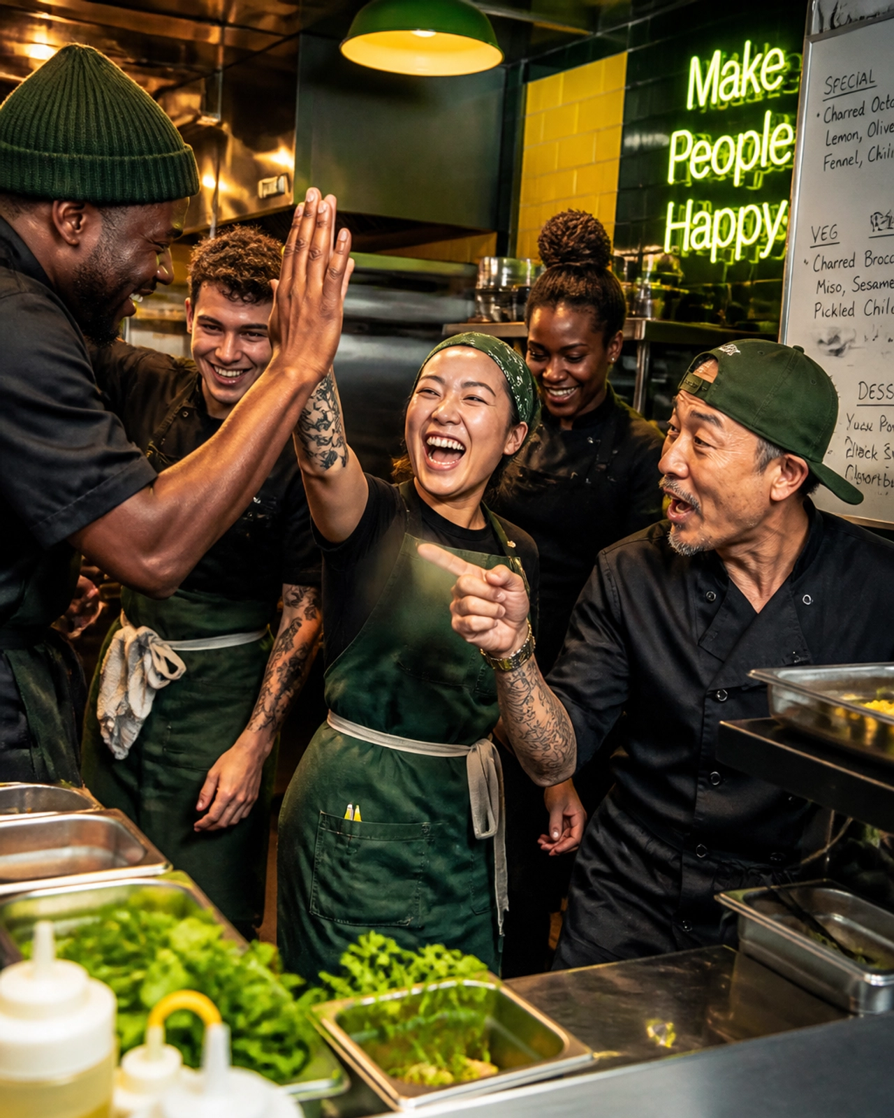 An energetic editorial photo of a diverse team high-fiving and coaching in a modern, stylized kitchen