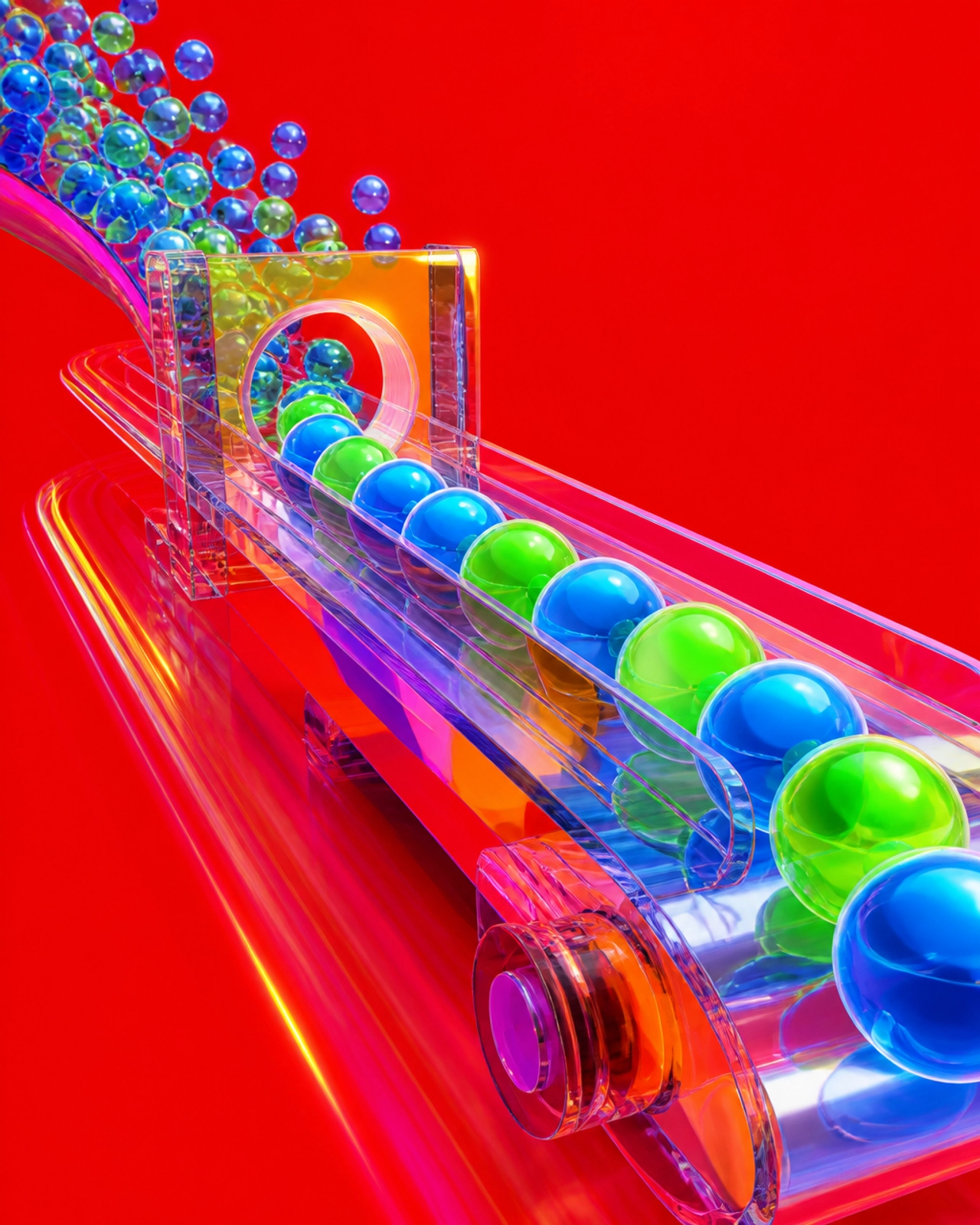 A futuristic, colorful conveyor belt moving glowing spheres into perfect alignment.