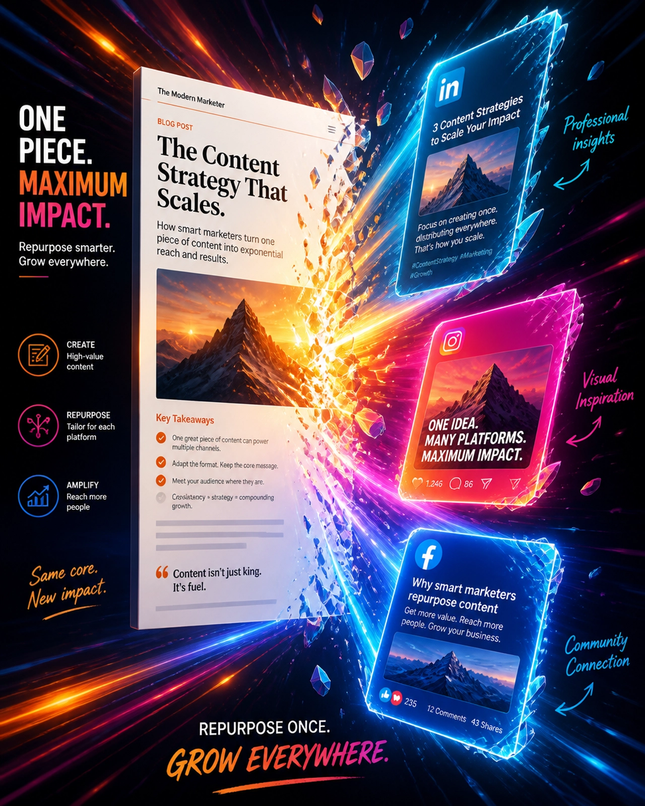 An energetic illustration showing a blog post splitting into three distinct social media shards.