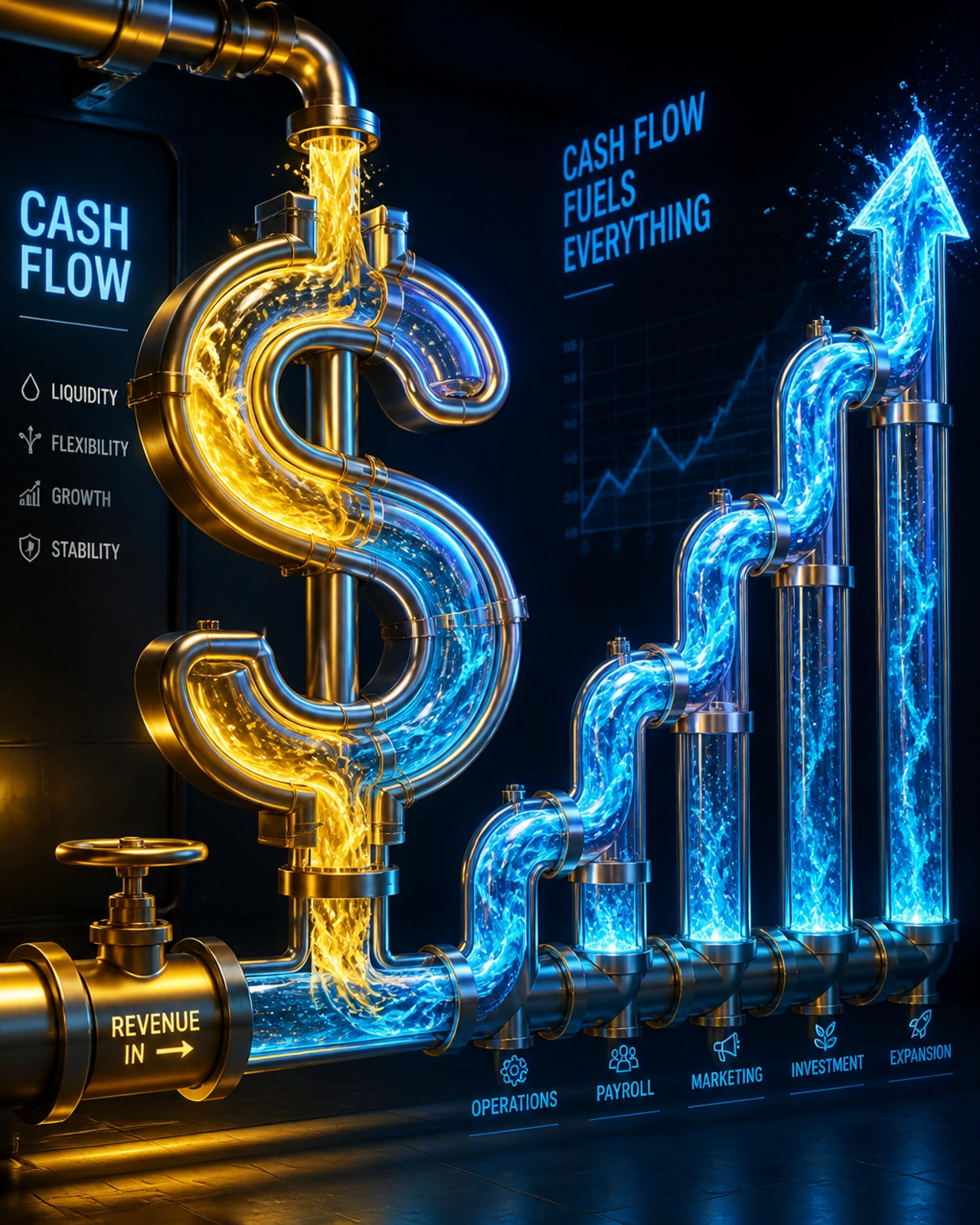 Vibrant, neon-colored stream representing the fluid movement of cash through a business