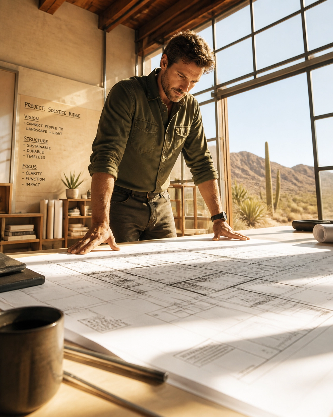 Person looking at a large-scale project plan in a sun-drenched workshop, emphasizing structure and direction in a career transition.