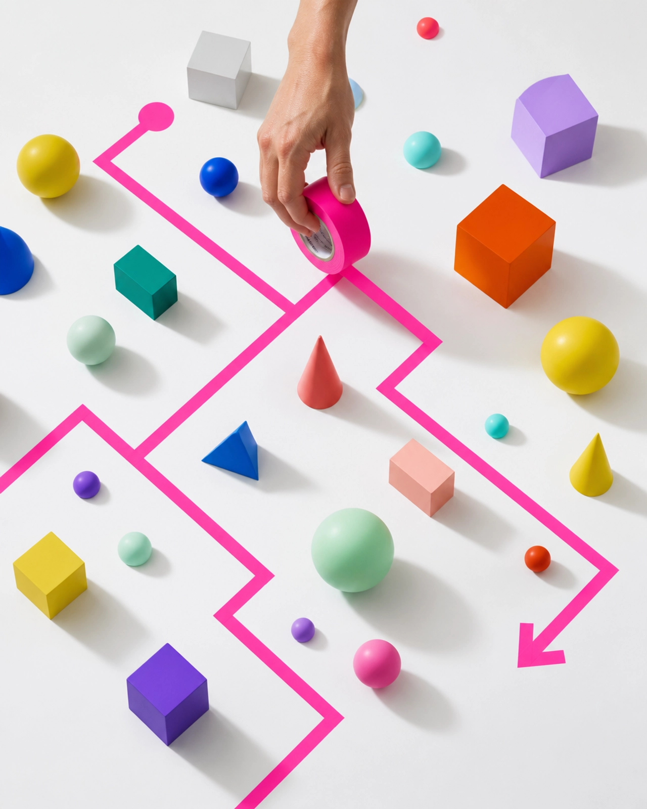 A neon pink path through abstract shapes, representing the creation of clear, repeatable business systems.