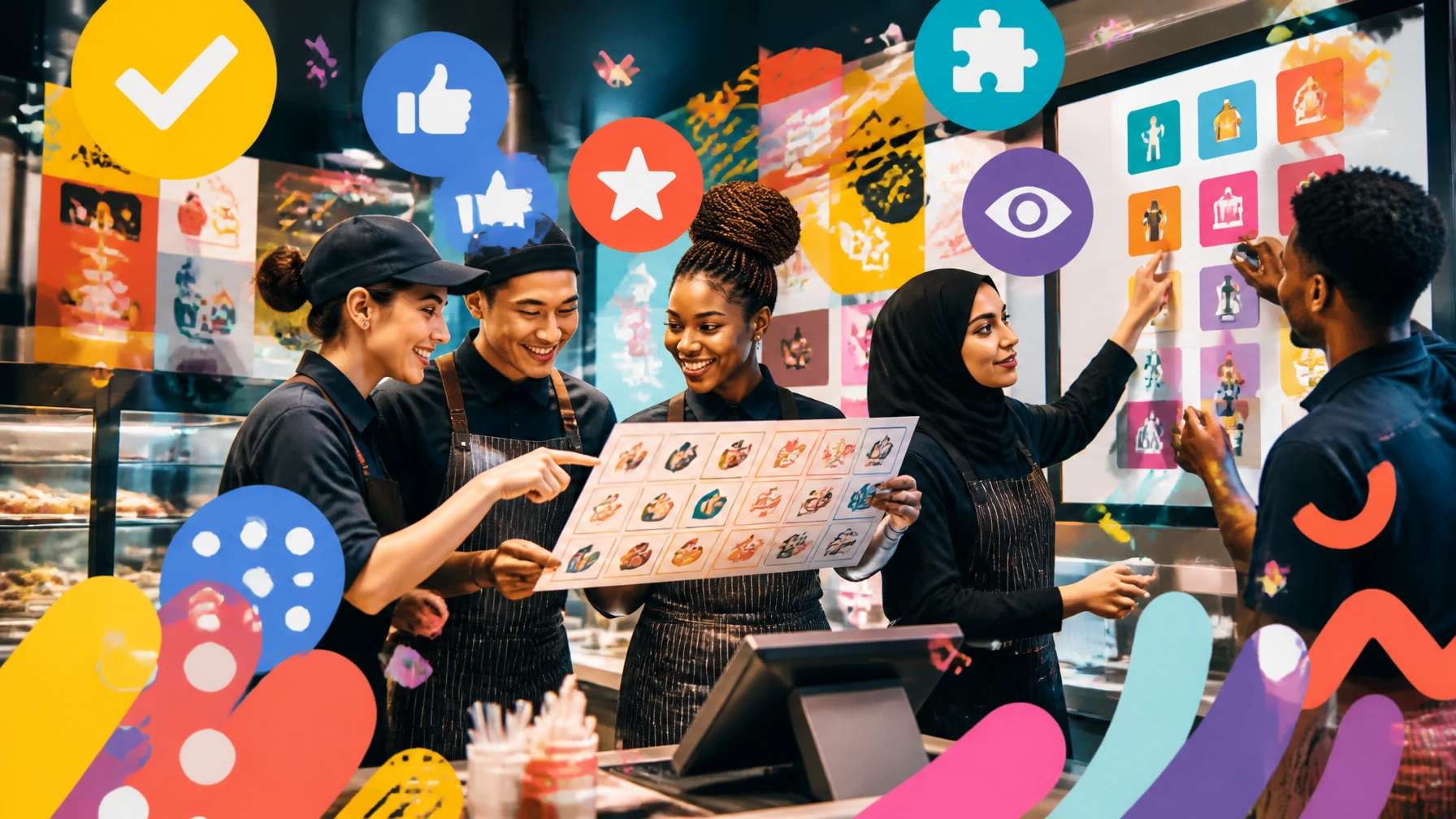 A diverse frontline team training with bold icons, color-coded tools, and playful visual guides in vibrant magazine-style art
