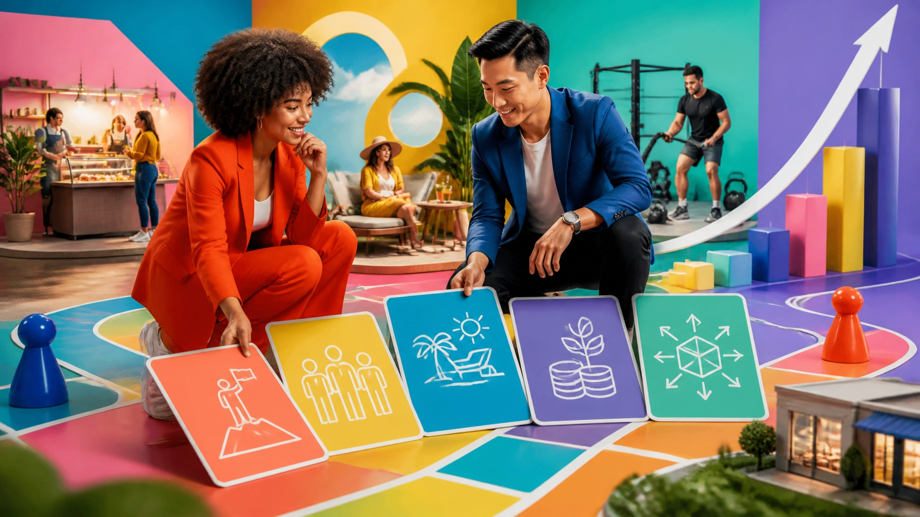 A high-end energetic magazine-style image showing a diverse advisor and franchise candidate reviewing owner role, lifestyle, labor demands, revenue streams, and scalability through oversized colorful planning visuals and bold editorial metaphor.