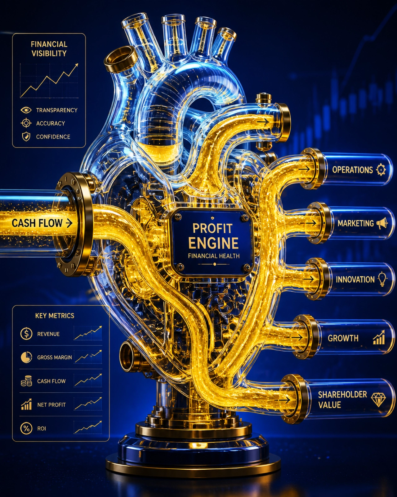 A vibrant, surrealist editorial illustration of business profit featuring a glass engine where glowing gold liquid flows through organized channels, representing financial health and visibility.