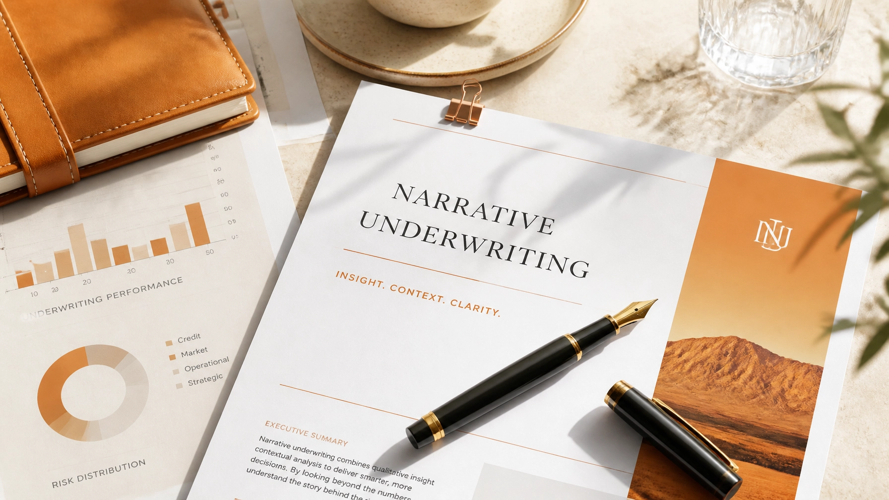 Bright editorial macro image of a fountain pen and clean financial documents in natural light, representing narrative underwriting in franchise lending.