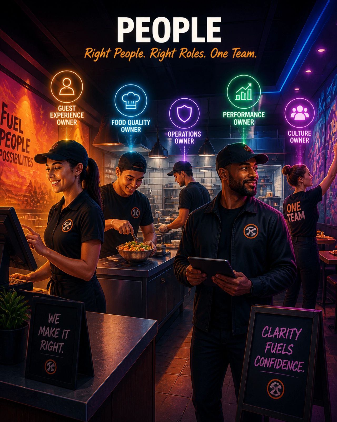 A franchise team working with clear, glowing roles and ownership