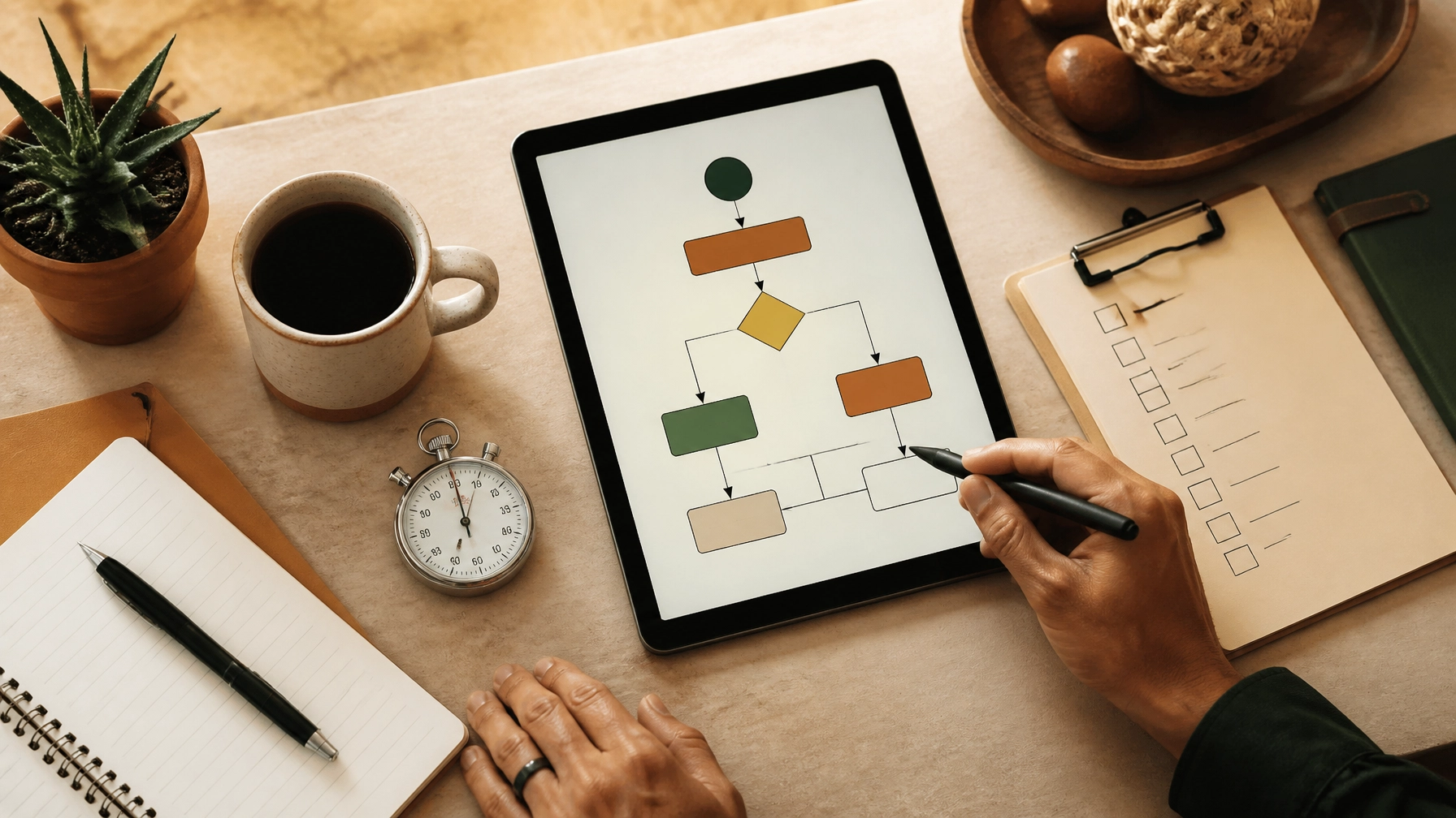 High-angle view of a modern workspace with a tablet showing a simple process flowchart, surrounded by a stopwatch, notebook, and coffee for operational planning.