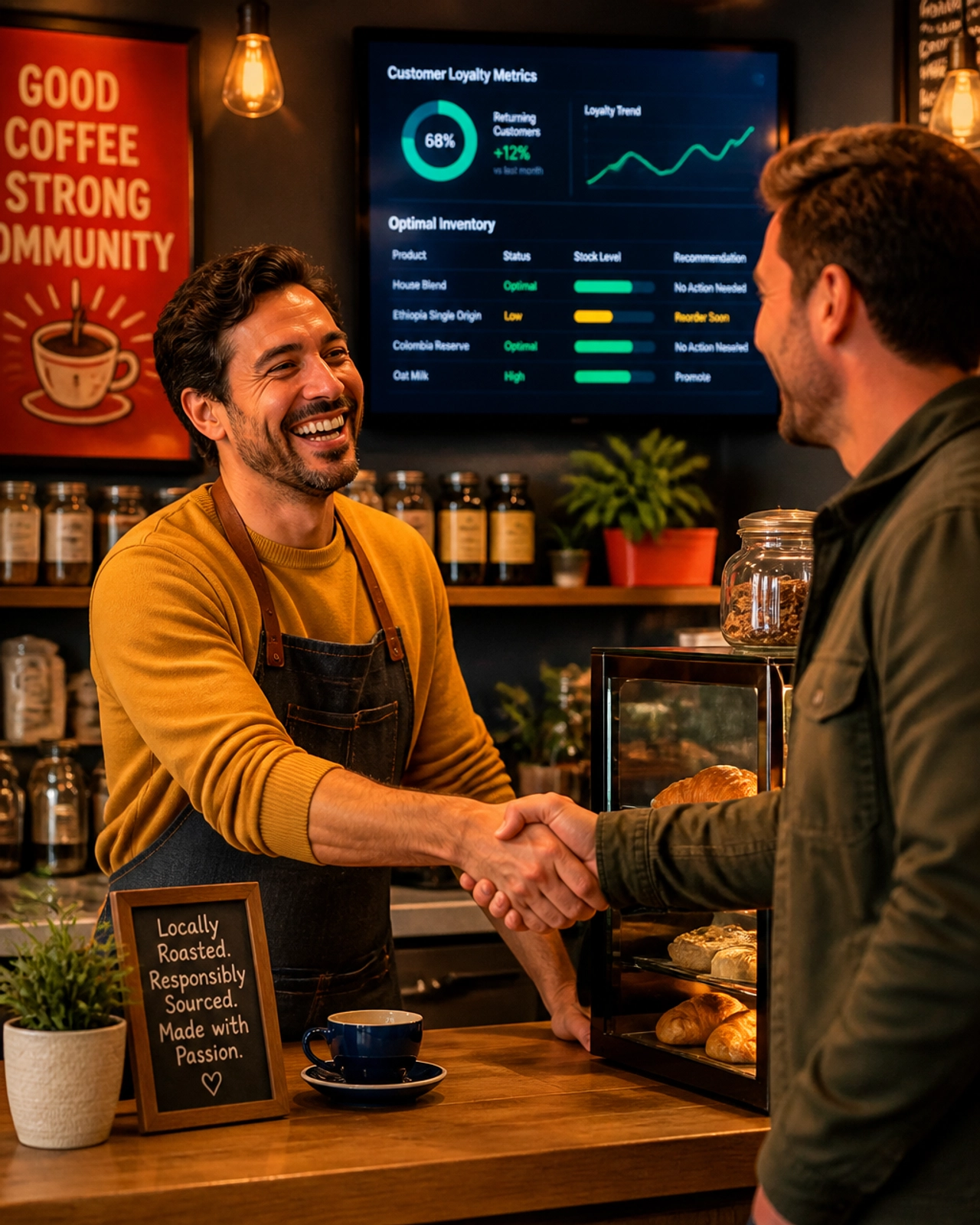 A small business owner and a customer sharing a genuine interaction, with a subtle digital metrics dashboard in the background.