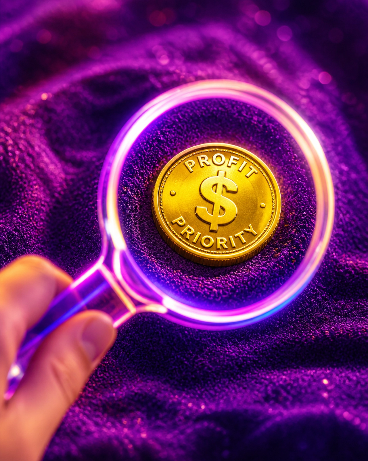 A hand holding a neon magnifying glass focusing on a glowing gold coin, representing the power of priority and focus.
