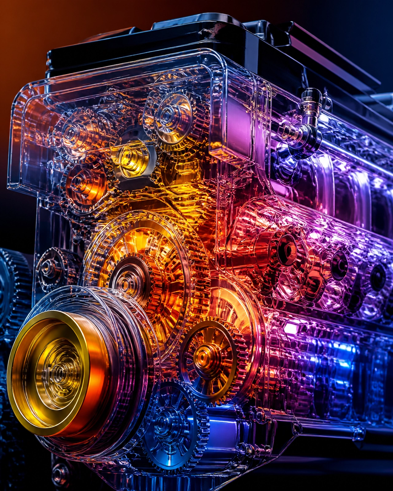 A high-energy, editorial close-up of a transparent, glowing mechanical engine representing proven systems.