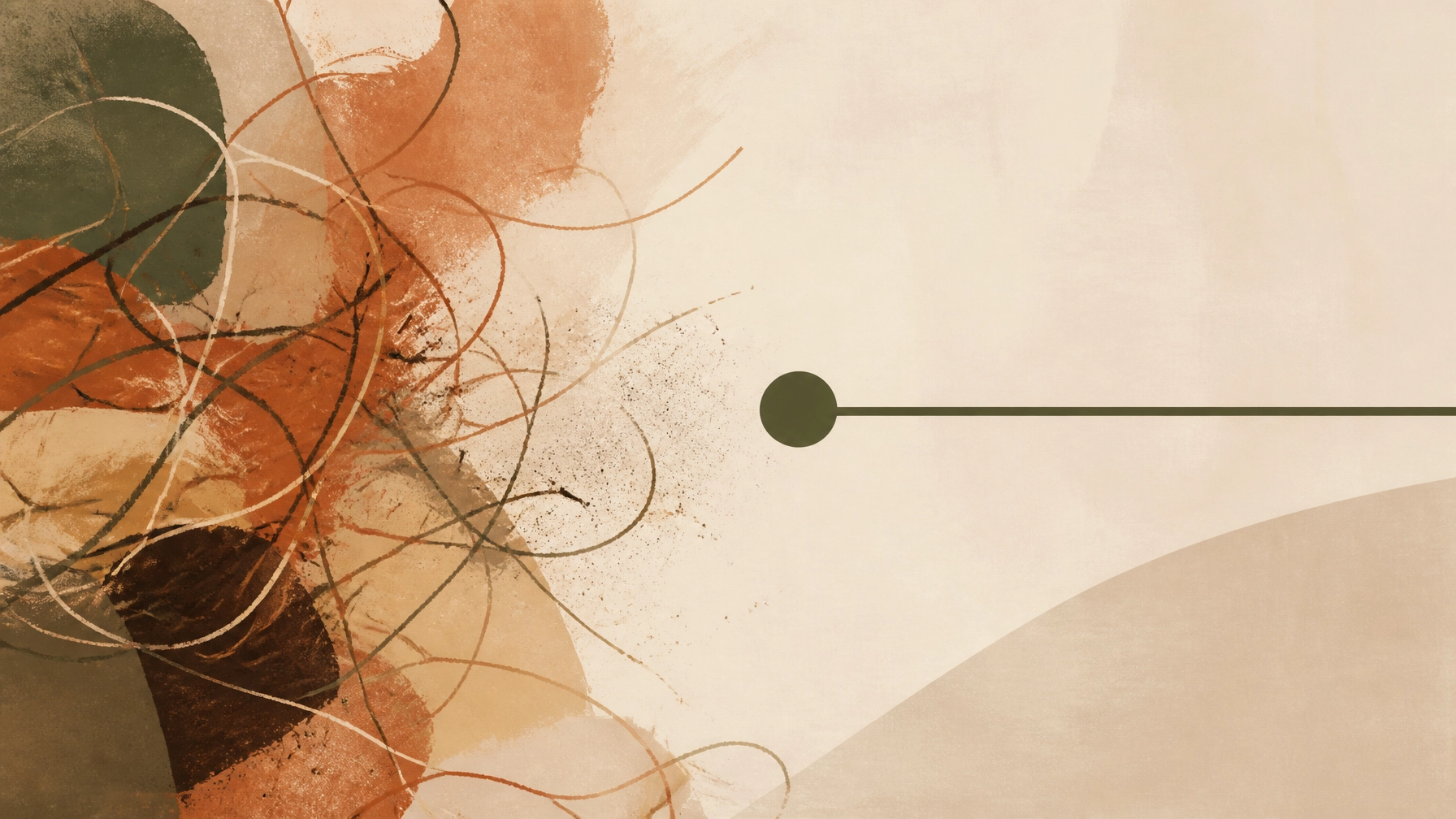 Abstract artwork transitioning from a messy scribble into a clean structured line in terracotta, sand, and deep green tones, representing chaos to clarity.