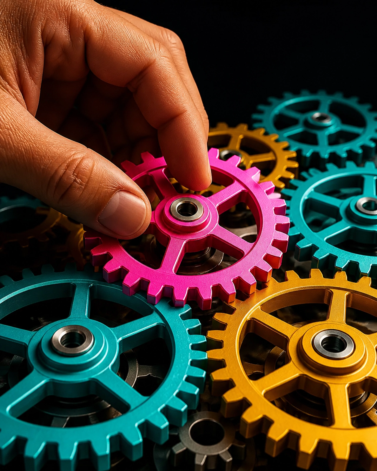 A hand adjusting vibrant, interlocking gears, representing the power and precision of building your own operational systems.