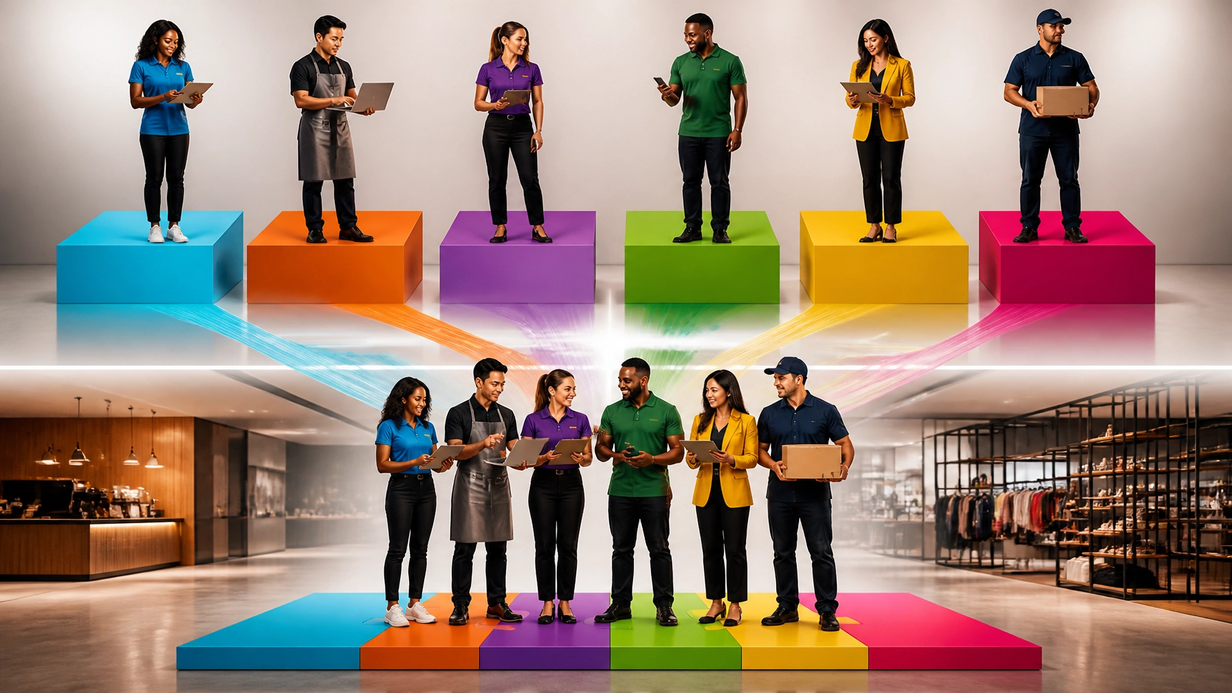Diverse operators standing on bright color blocks that slide together into one bold shared operations hub in energetic editorial-style art