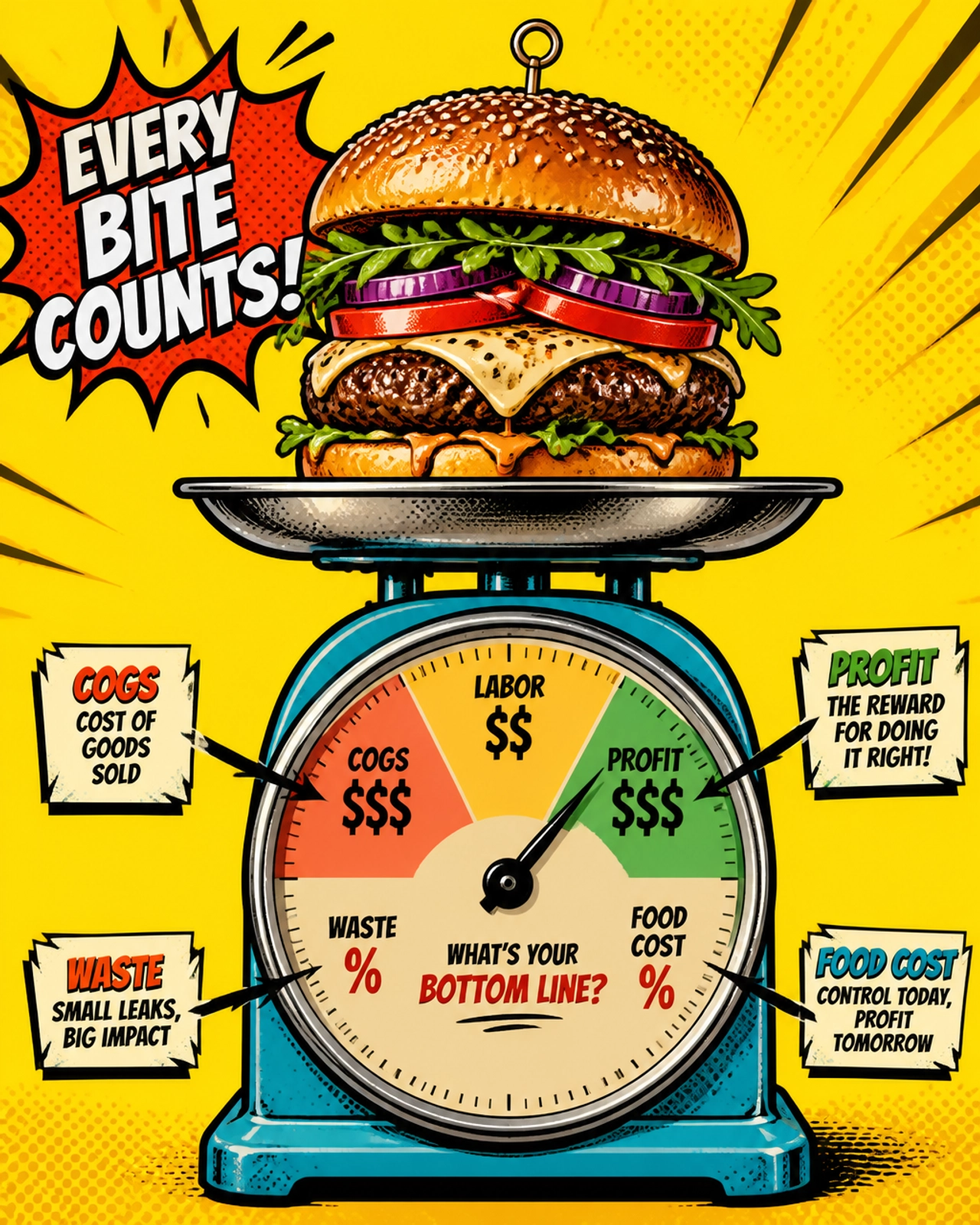 A pop-art style image of a burger being weighed on a scale that shows dollar signs and COGS percentages