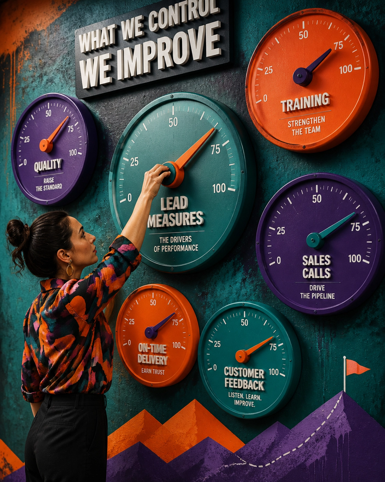 Editorial metaphor for lead measures: physical dials and gauges labeled Training, Quality, and Sales