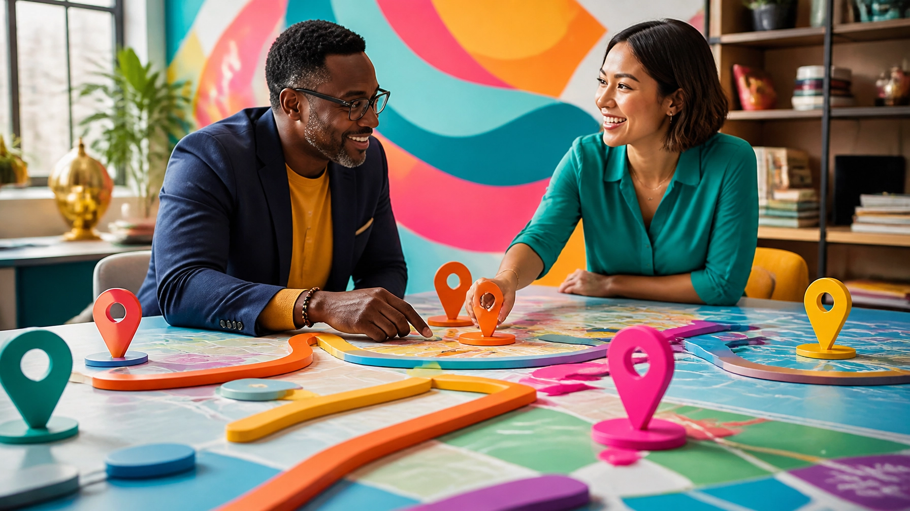A high-end energetic magazine-style image of a diverse advisor and prospective franchise owner mapping out owner role, scalability, and exit alignment with vibrant high-contrast routes, markers, and bold editorial planning visuals.