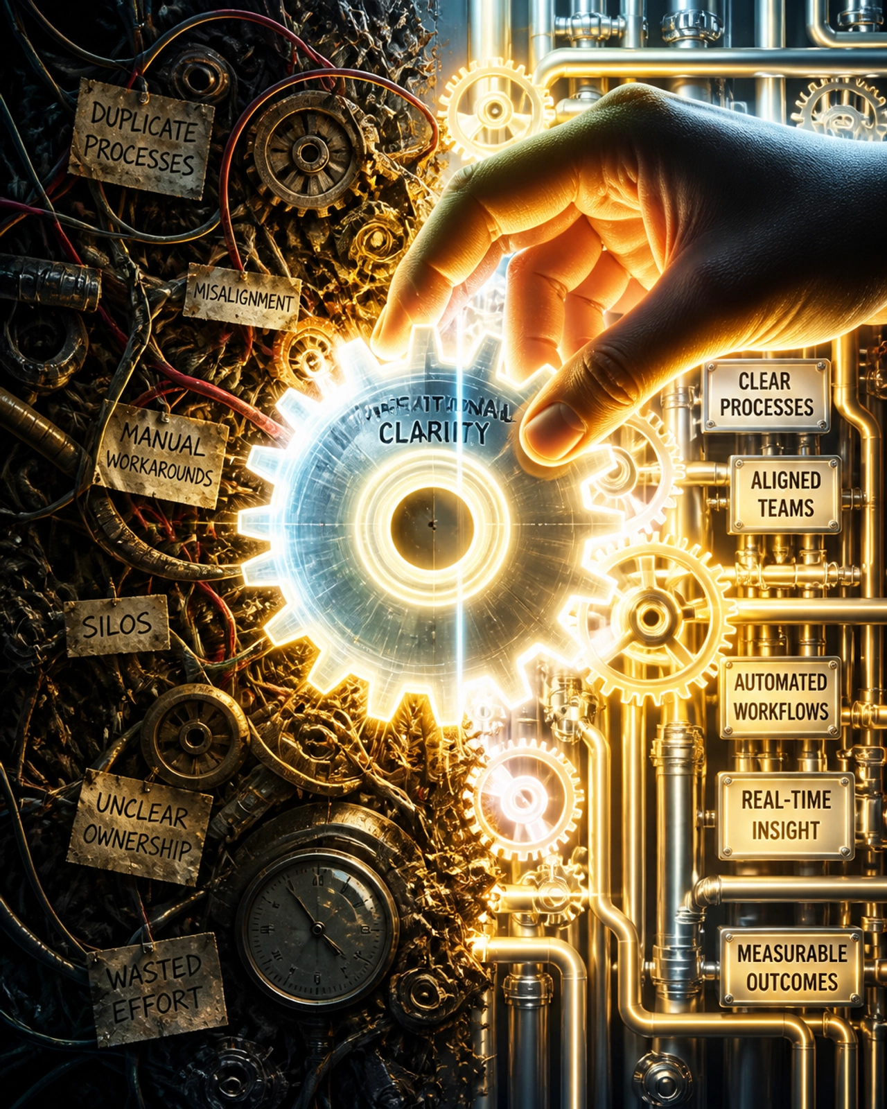 A surrealist visual metaphor showing a hand adjusting a glowing gear into a machine to create clarity and alignment.
