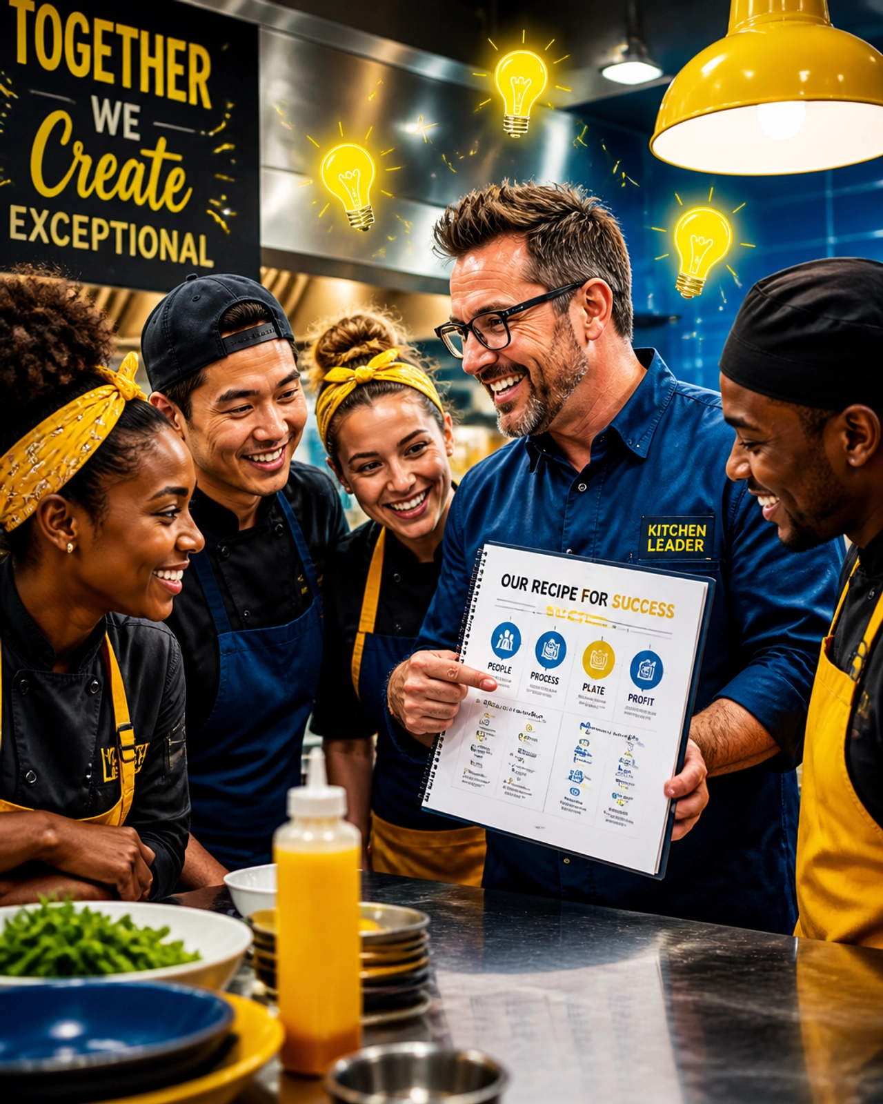 Business leader coaching a diverse team in a vibrant restaurant kitchen