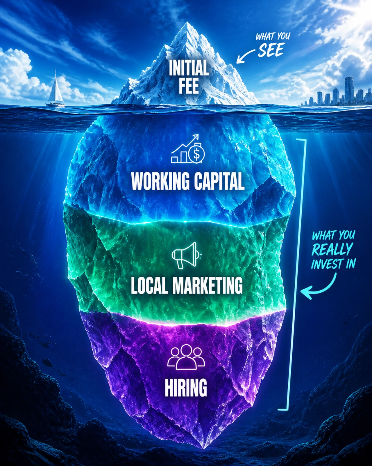 Surrealist editorial art of an 'Investment Iceberg' showing the small 'Initial Fee' at the top and the massive 'Working Capital' and 'Hiring' costs below the water.