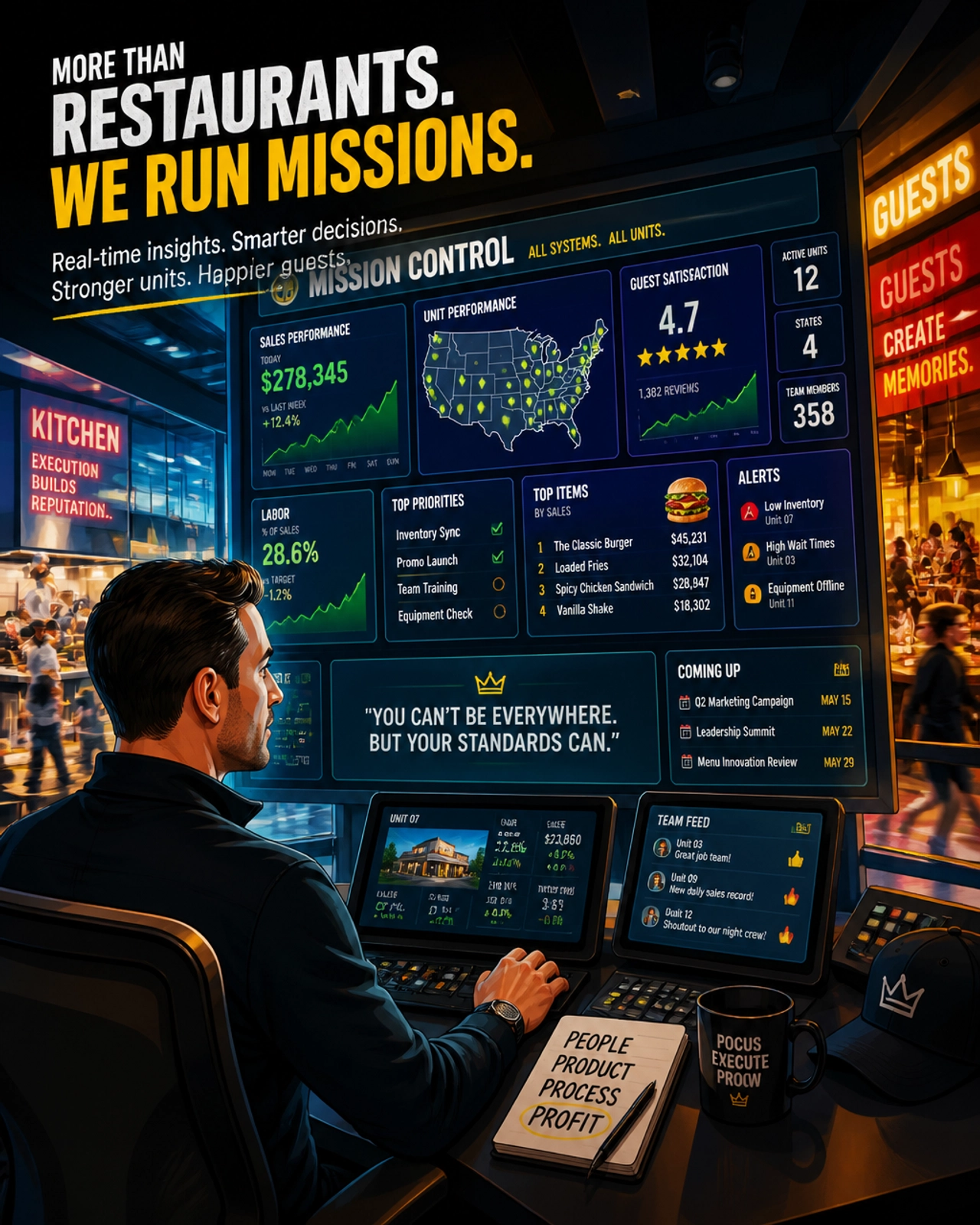 A franchise operator managing a complex digital dashboard with focused clarity