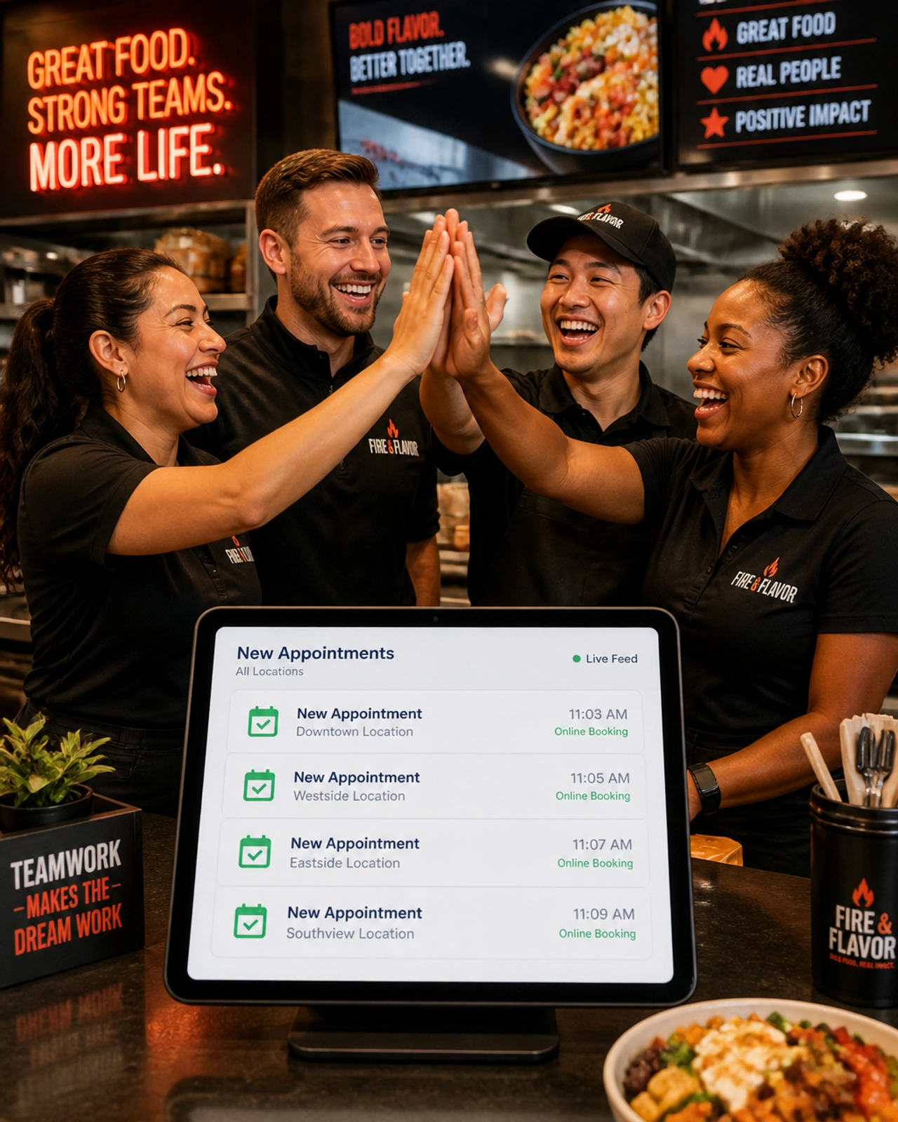 A diverse group of franchise operators laughing and high-fiving in a modern kitchen while a tablet shows new appointments being booked
