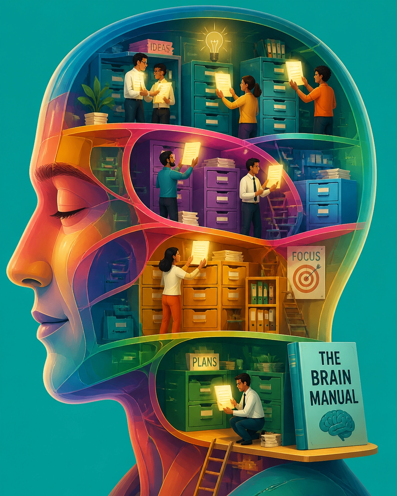 A surrealist editorial metaphor for 'The Brain Manual' showing knowledge being organized into scalable systems.