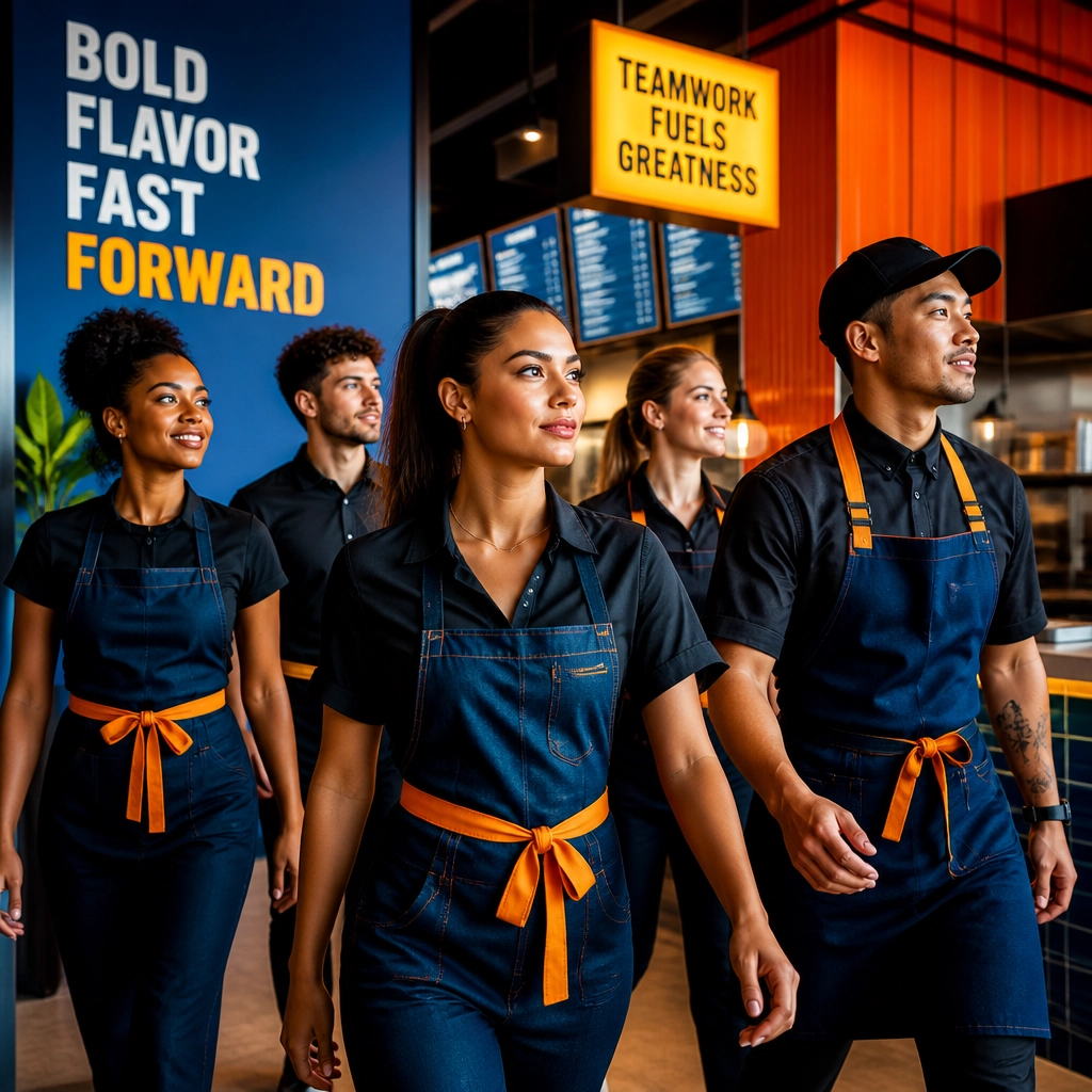 A diverse franchise team moving in perfect synchronization, representing the momentum gained through clear operational priorities