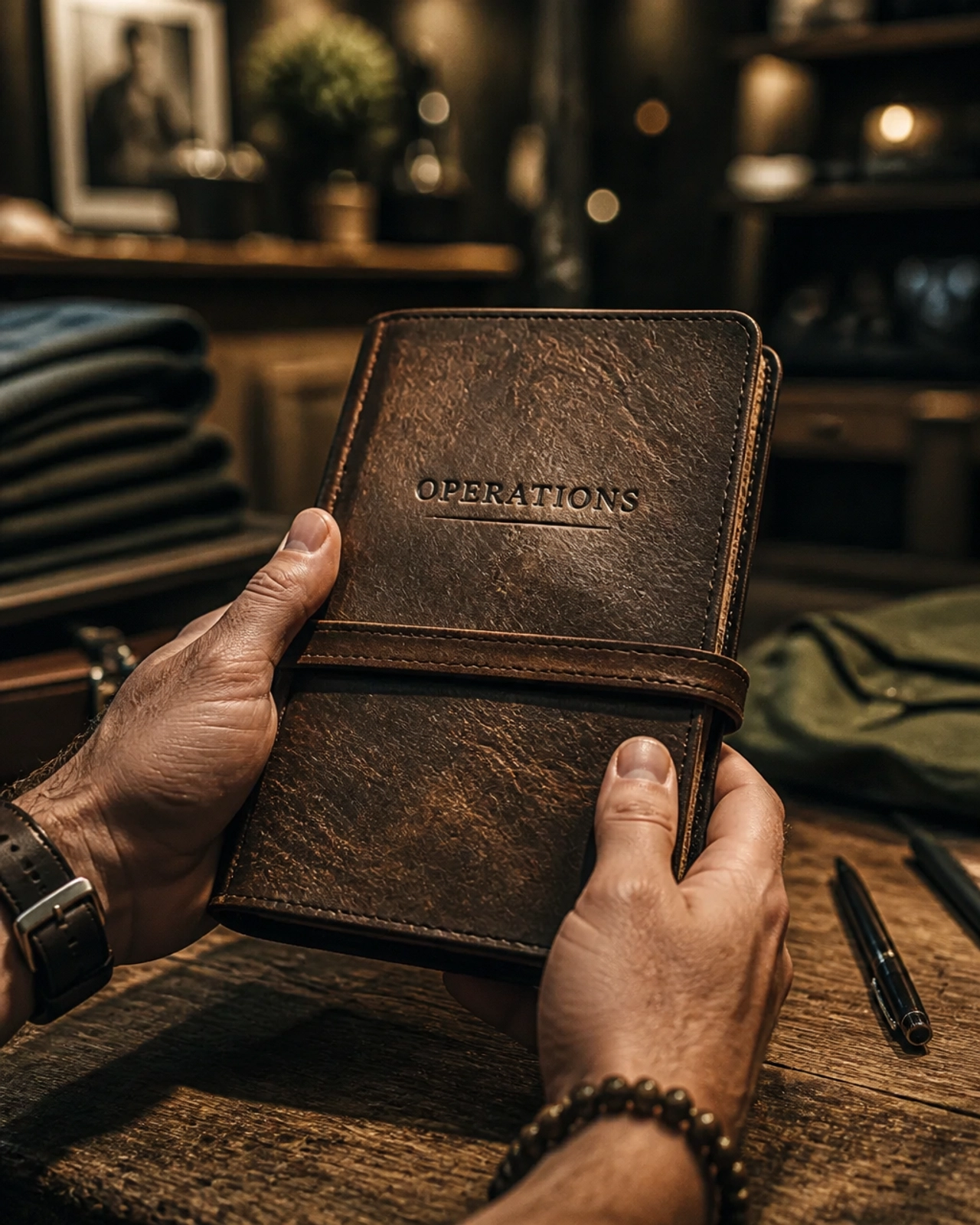 A person’s hands holding a leather-bound field journal with 'OPERATIONS' embossed on the cover, symbolizing turning tribal knowledge into a documented playbook.