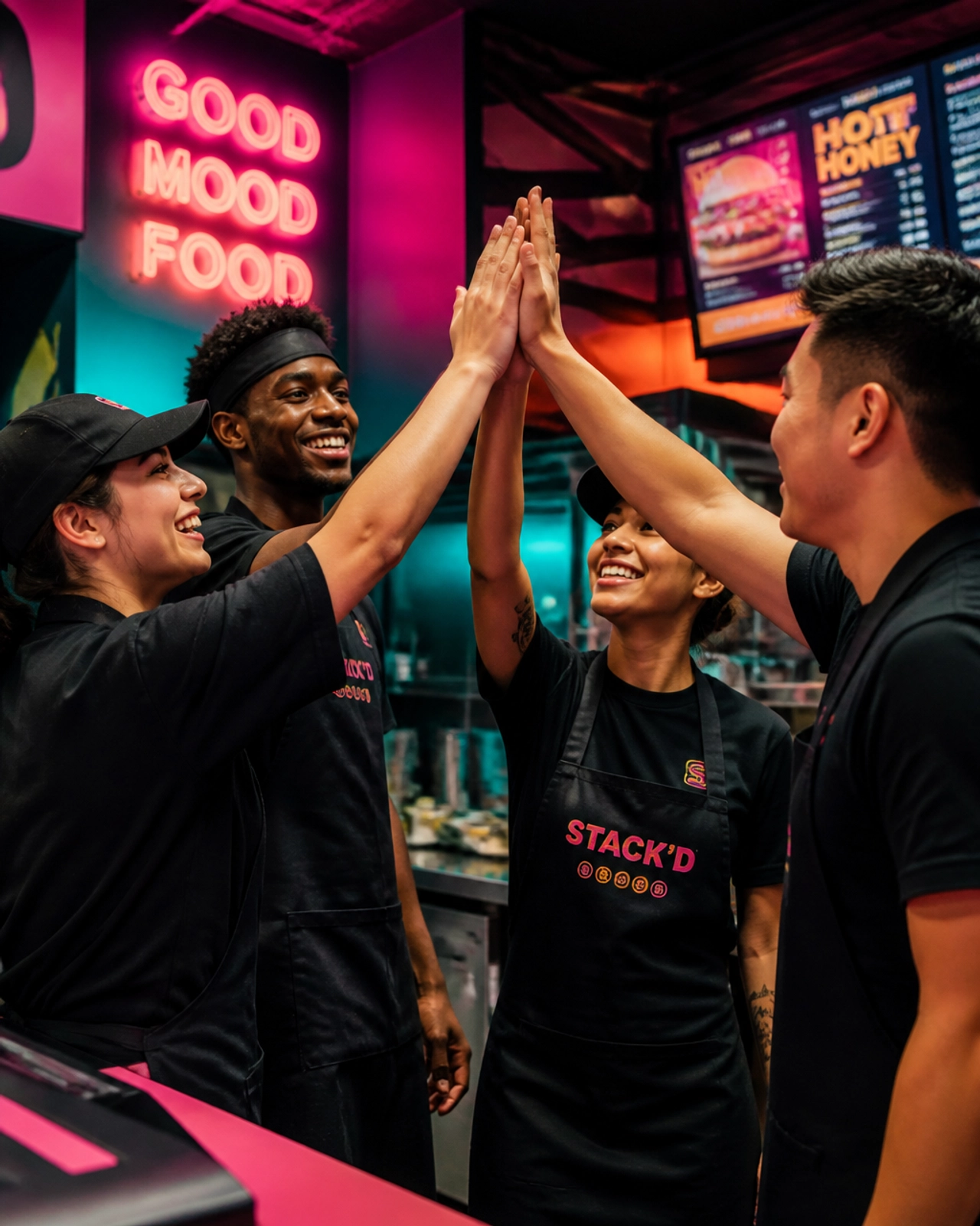 A diverse team in a high-energy huddle, celebrating a mini-victory