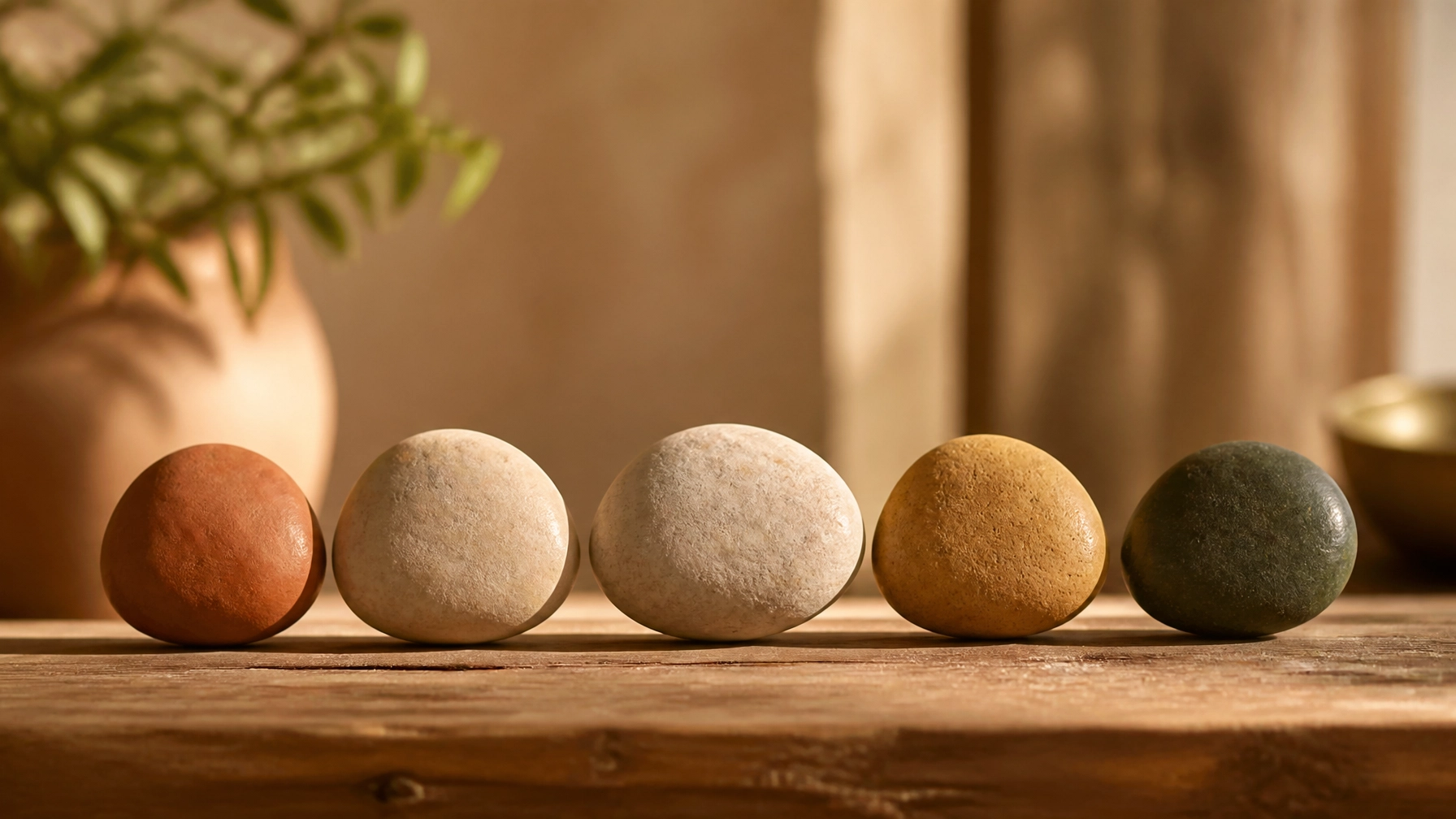Five balanced desert stones on a wooden table, representing the Five Pillars of Operational Clarity through structure and balance.