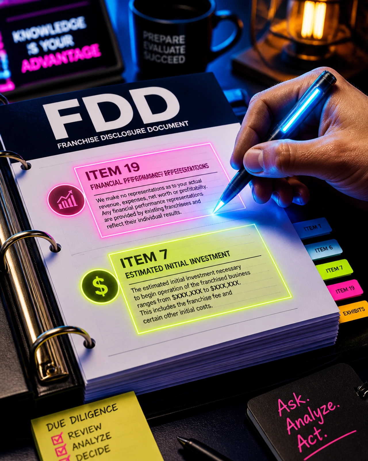A thick FDD document on a desk with neon highlights glowing on Item 19 and Item 7.
