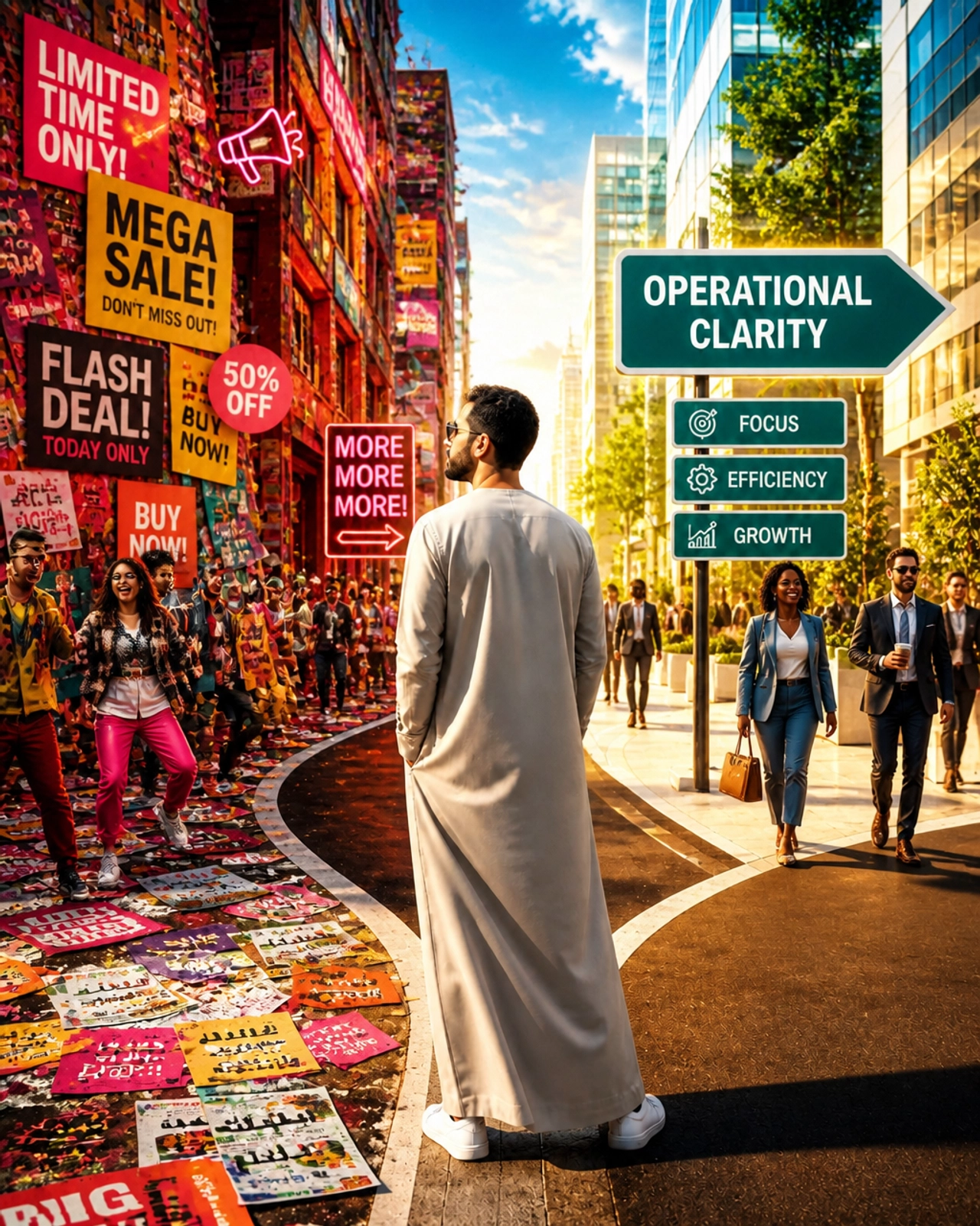 A Middle Eastern man stands in a vivid, high-contrast streetscape at a forked path, with one side bursting with flashy promo flyers and noisy signs and the other leading toward a striking, luminous marker for operational clarity. The visual metaphor is playful, bold, energetic, and styled like premium magazine art.