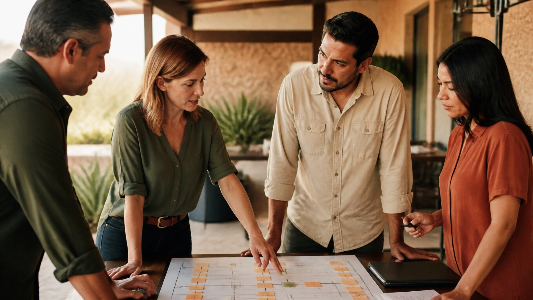 Dynamic team interaction in an operational setting, with professionals reviewing a process board to represent operational clarity and collaborative business decision-making.