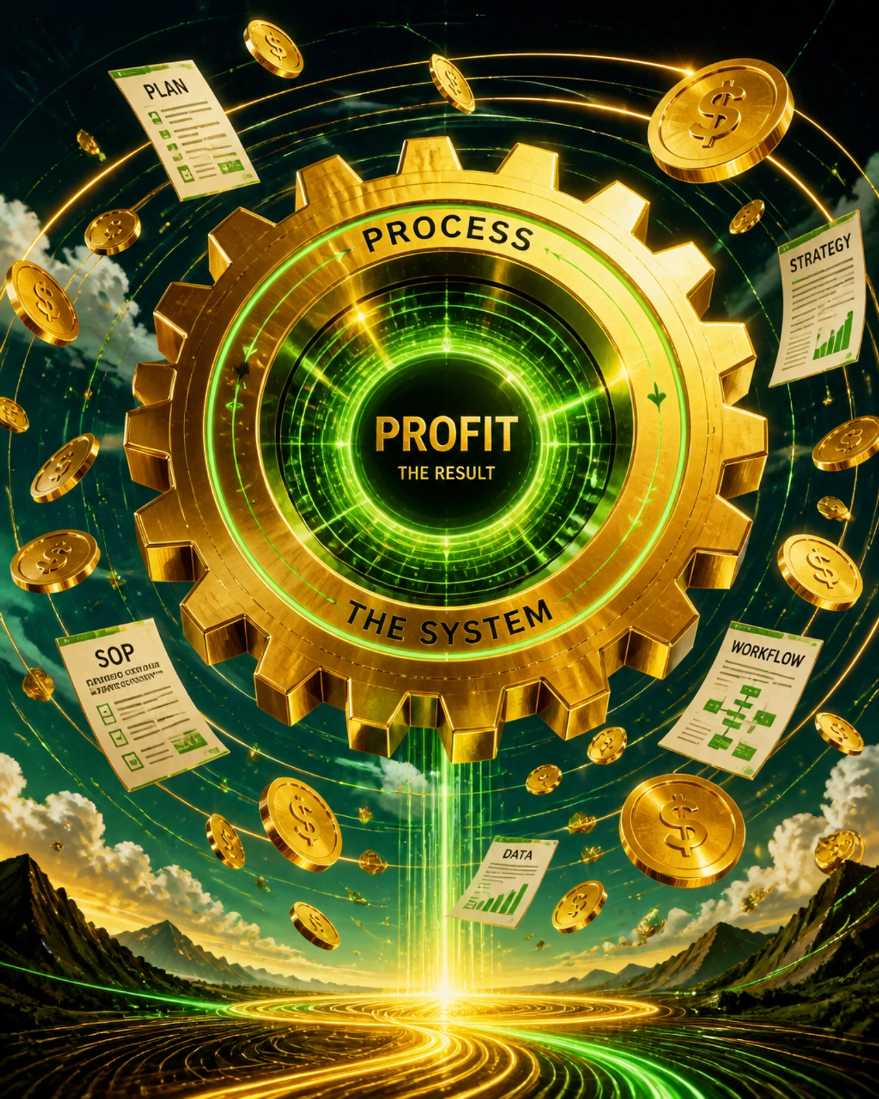 A golden gear with floating coins representing profit and process