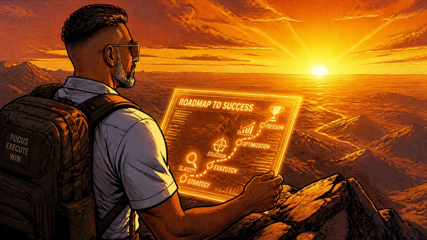 A professional comic-book style illustration of a person standing on a mountain peak, looking out at a clear horizon with a 'Roadmap to Success' in hand.