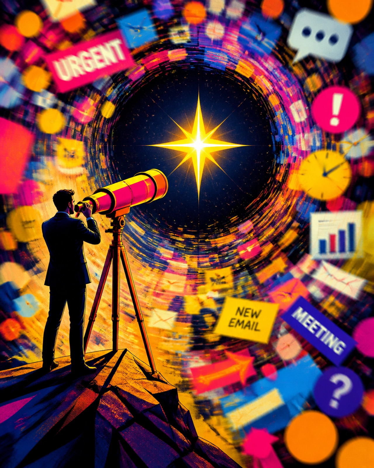 A surrealist editorial metaphor for priority: a person looking through a telescope at one star amidst colorful chaos