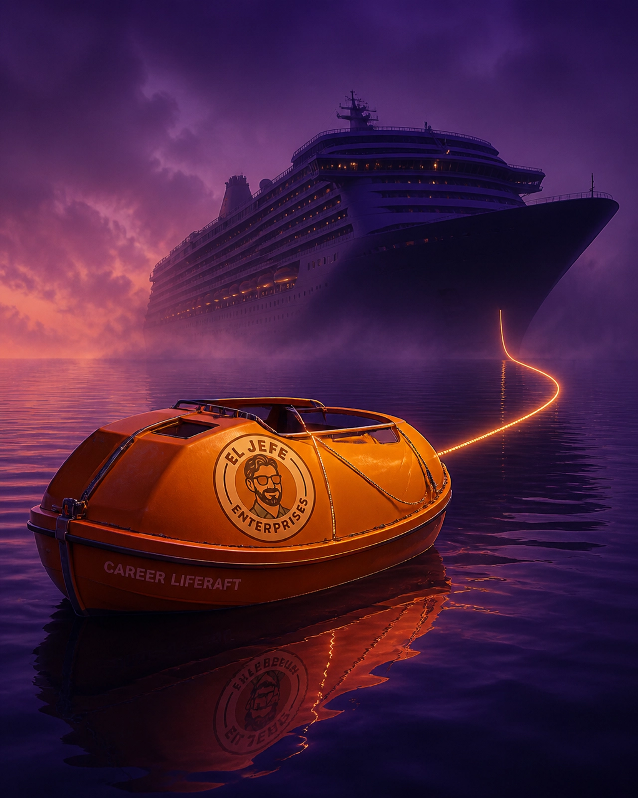 A vibrant orange lifeboat tethered to a massive corporate ship, representing the 'Career Lifeboat' strategy of building a franchise while diversifying your income.
