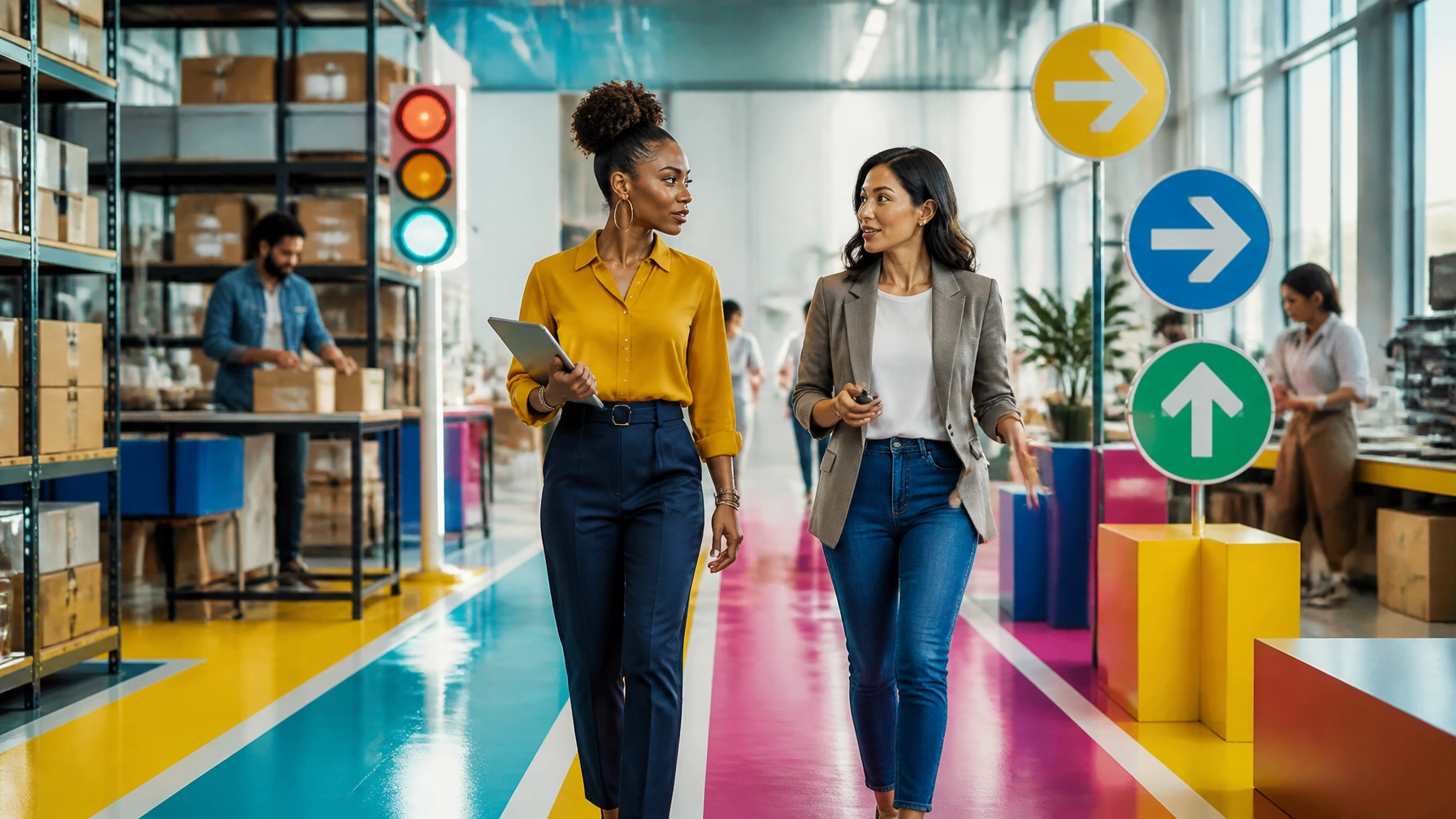 A diverse business owner and advisor striding through a brightly organized operation with bold colorful markers for clarity and momentum