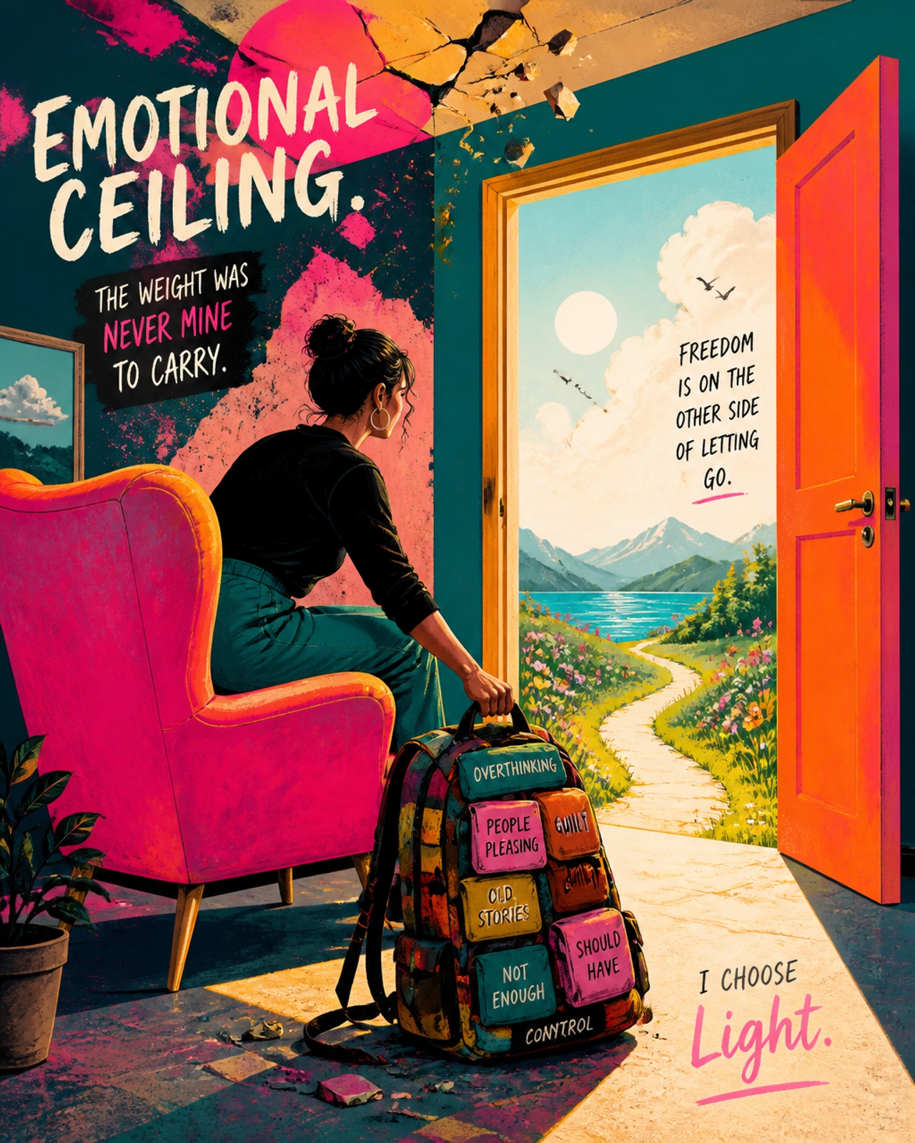 A high-contrast editorial illustration of a person setting down a heavy backpack, symbolizing the relief of moving past the emotional ceiling.