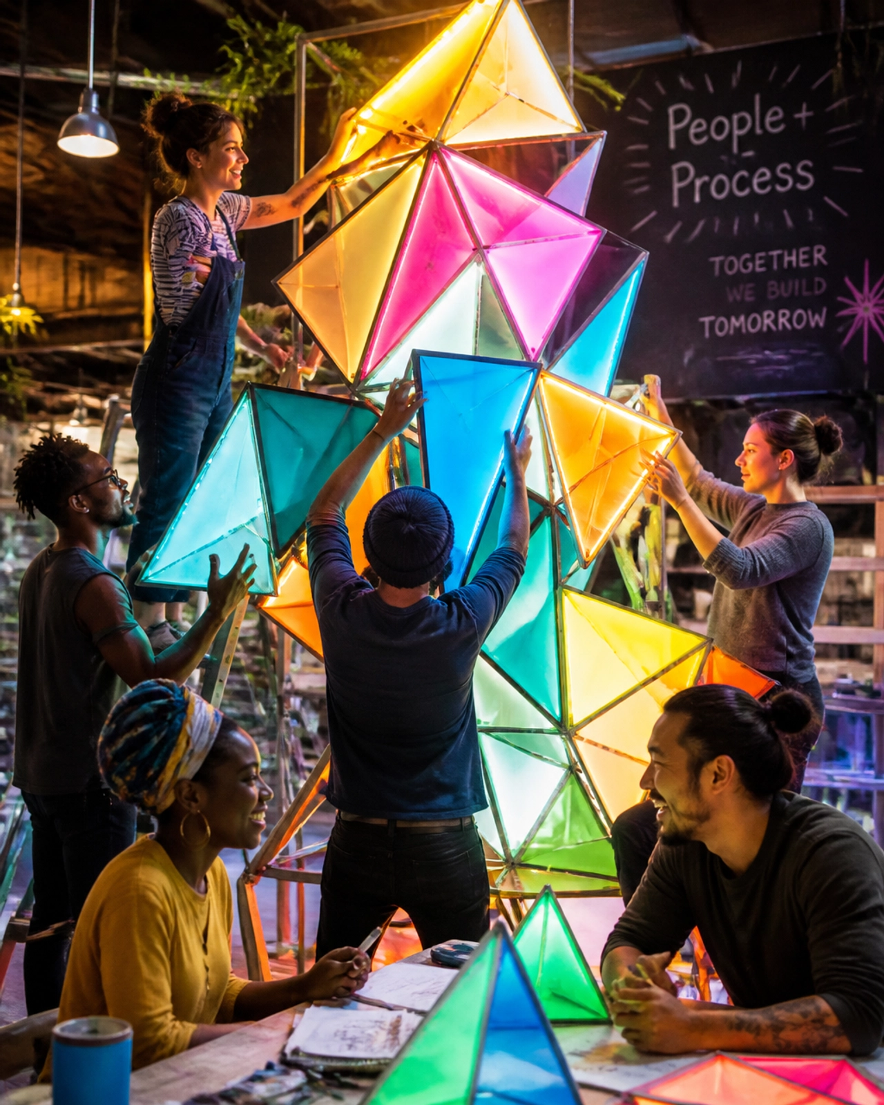 A poppy, high-energy editorial image of a diverse team collaboratively building a giant, glowing structure of interconnected colorful geometric shapes representing business systems.