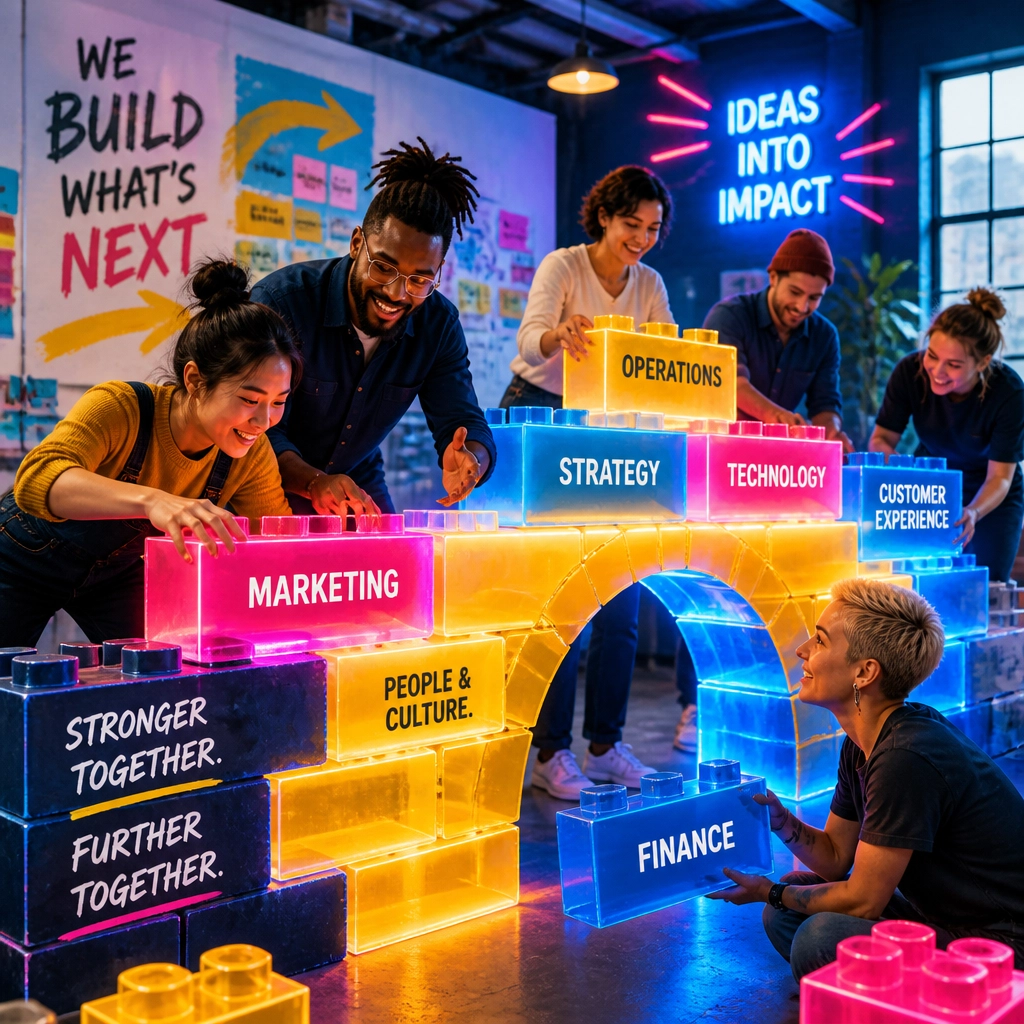 An editorial-style, high-energy image featuring a diverse group of focused professionals building a bridge out of glowing blocks.