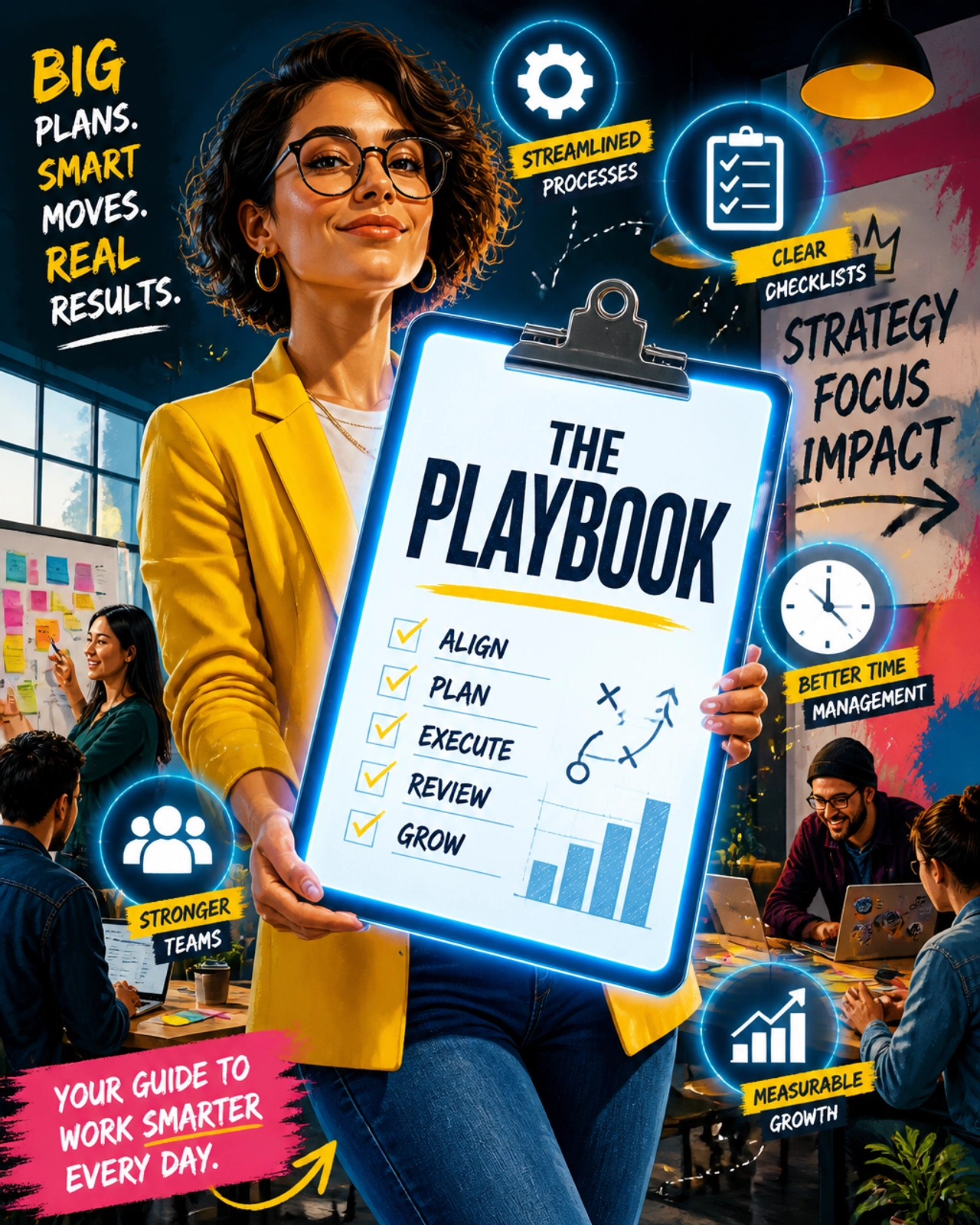 A high-energy editorial illustration of a business professional holding a glowing digital 'Playbook' clipboard, surrounded by floating icons of gears and checklists, representing streamlined business processes.