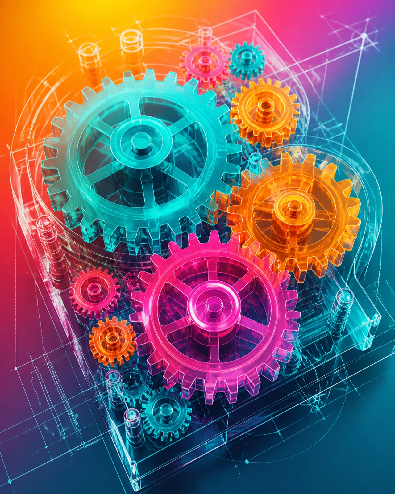 Abstract vibrant gears and blueprints representing systems and processes
