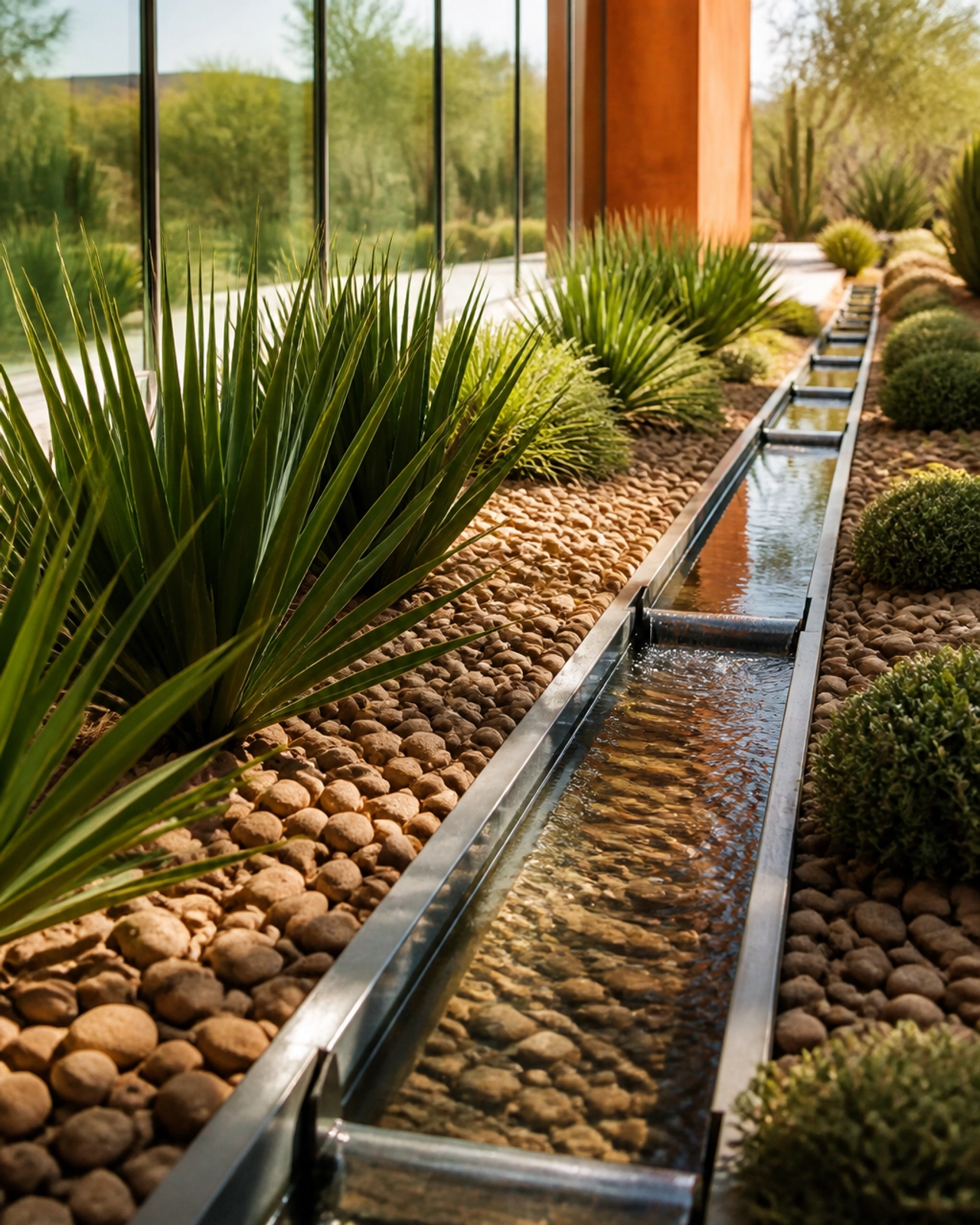 Macro editorial photo of an organized, modern irrigation system, symbolizing the flow and order of operational processes.
