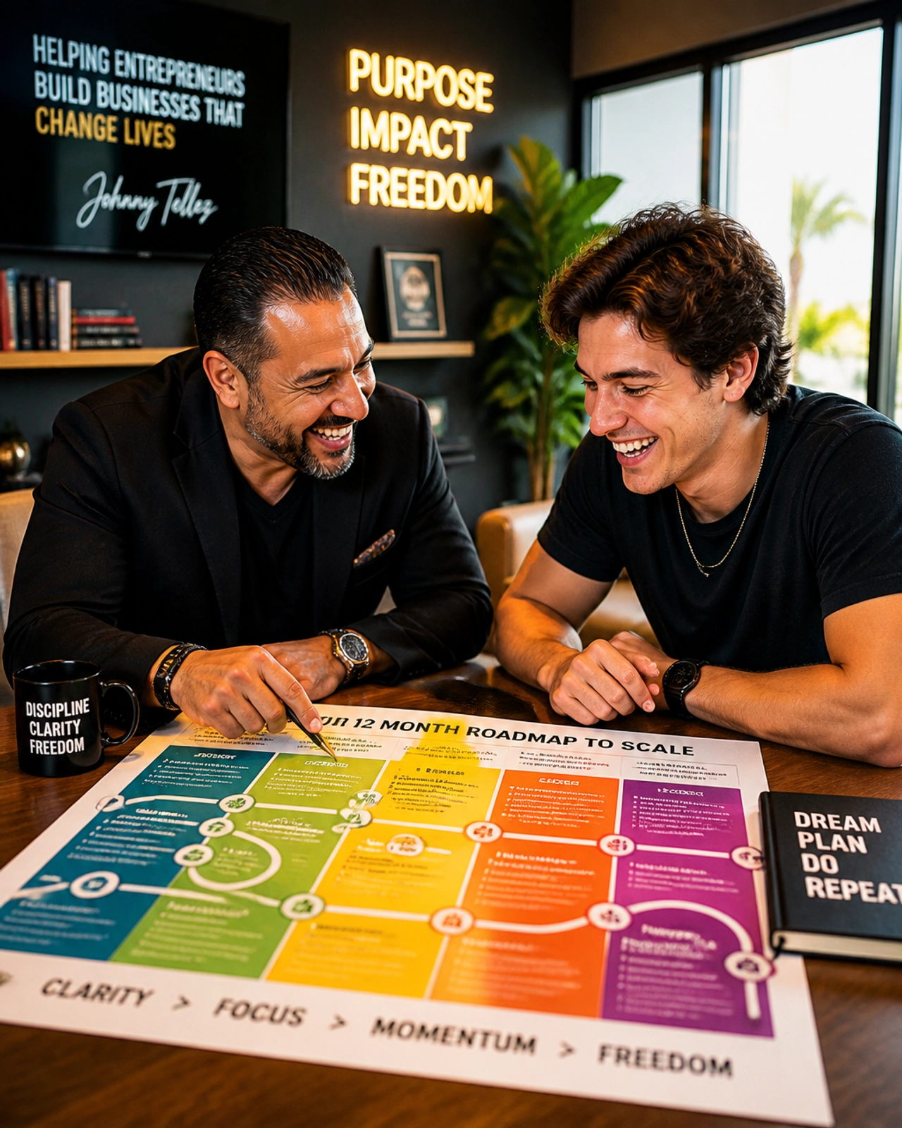 An energetic coaching moment between a mentor and a business owner looking at a colorful roadmap.
