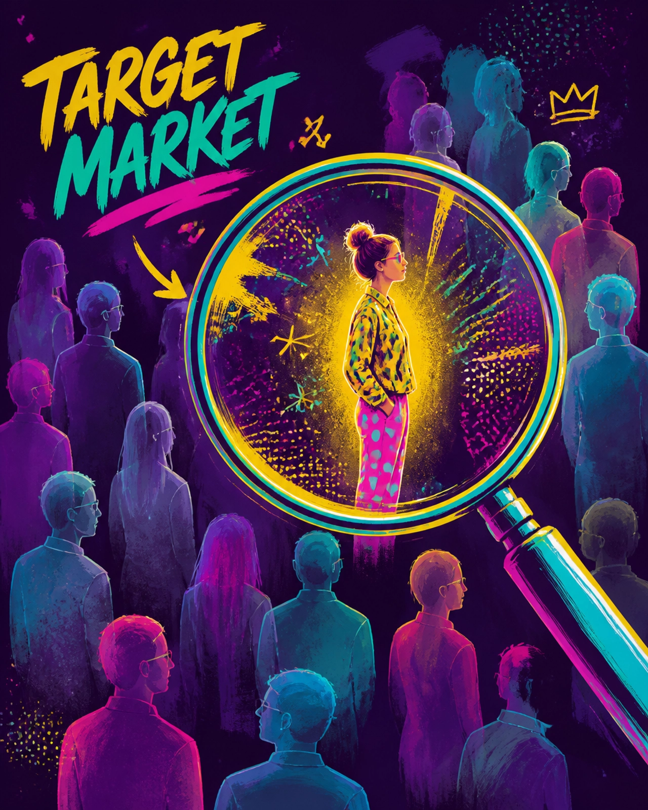 Surrealist illustration of a neon magnifying glass focusing on a specific, bright target customer in a crowd