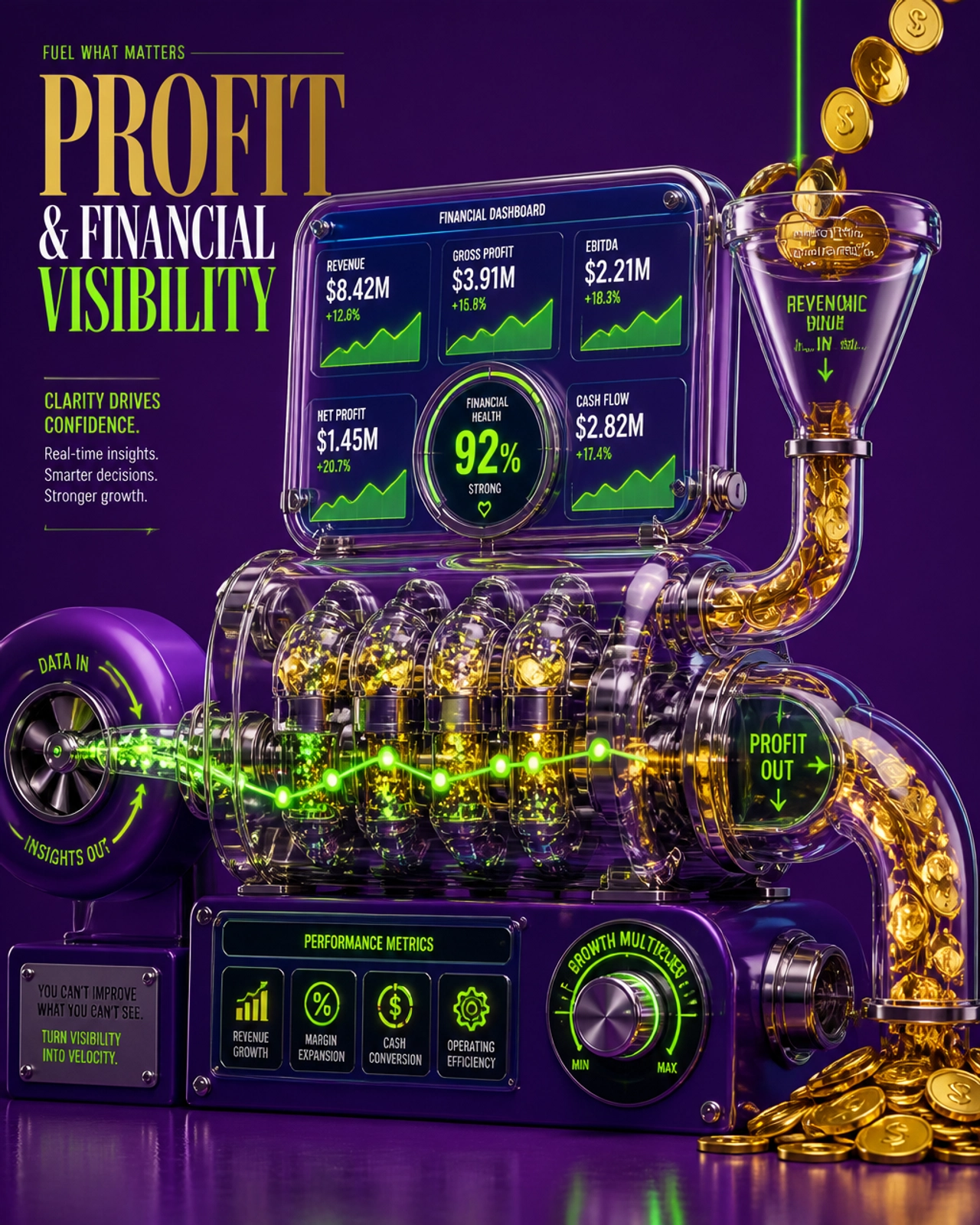 A surrealist metaphor for a profit engine with neon data flowing through a transparent glass machine.