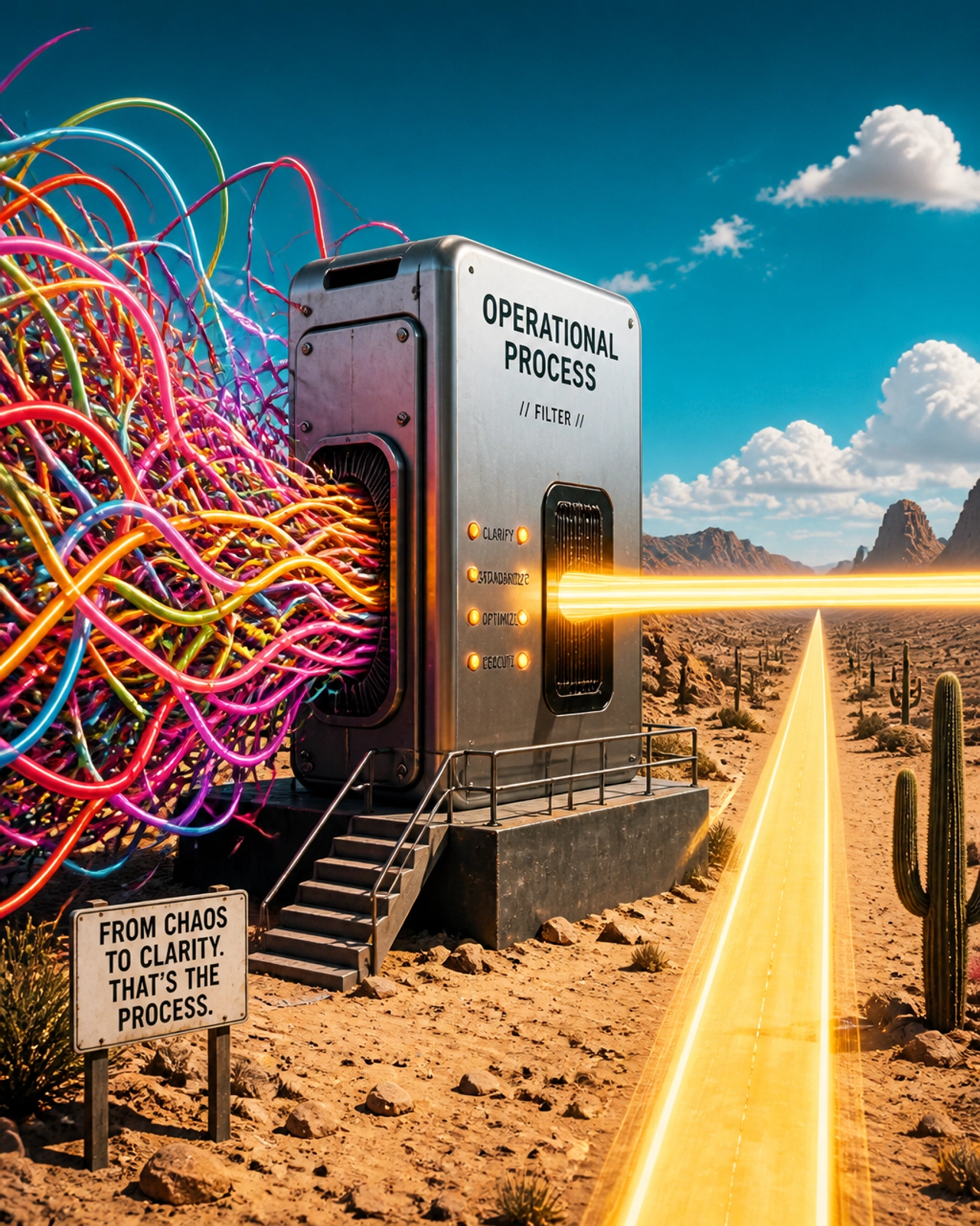 A chaotic tangle of wires being filtered into a straight golden path in a high-contrast desert