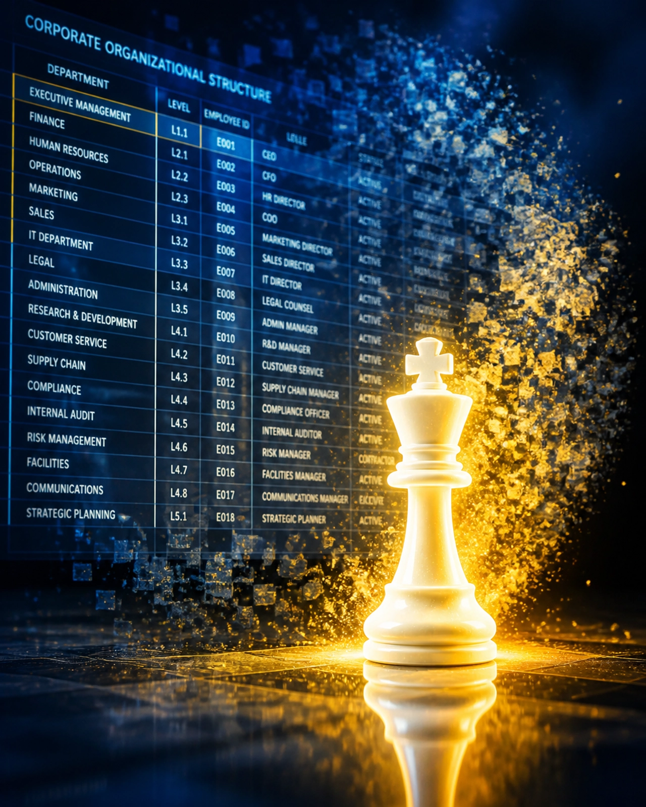 A glowing chess piece standing tall while a corporate spreadsheet dissolves in the background, symbolizing the shift from being a line item to being a leader.